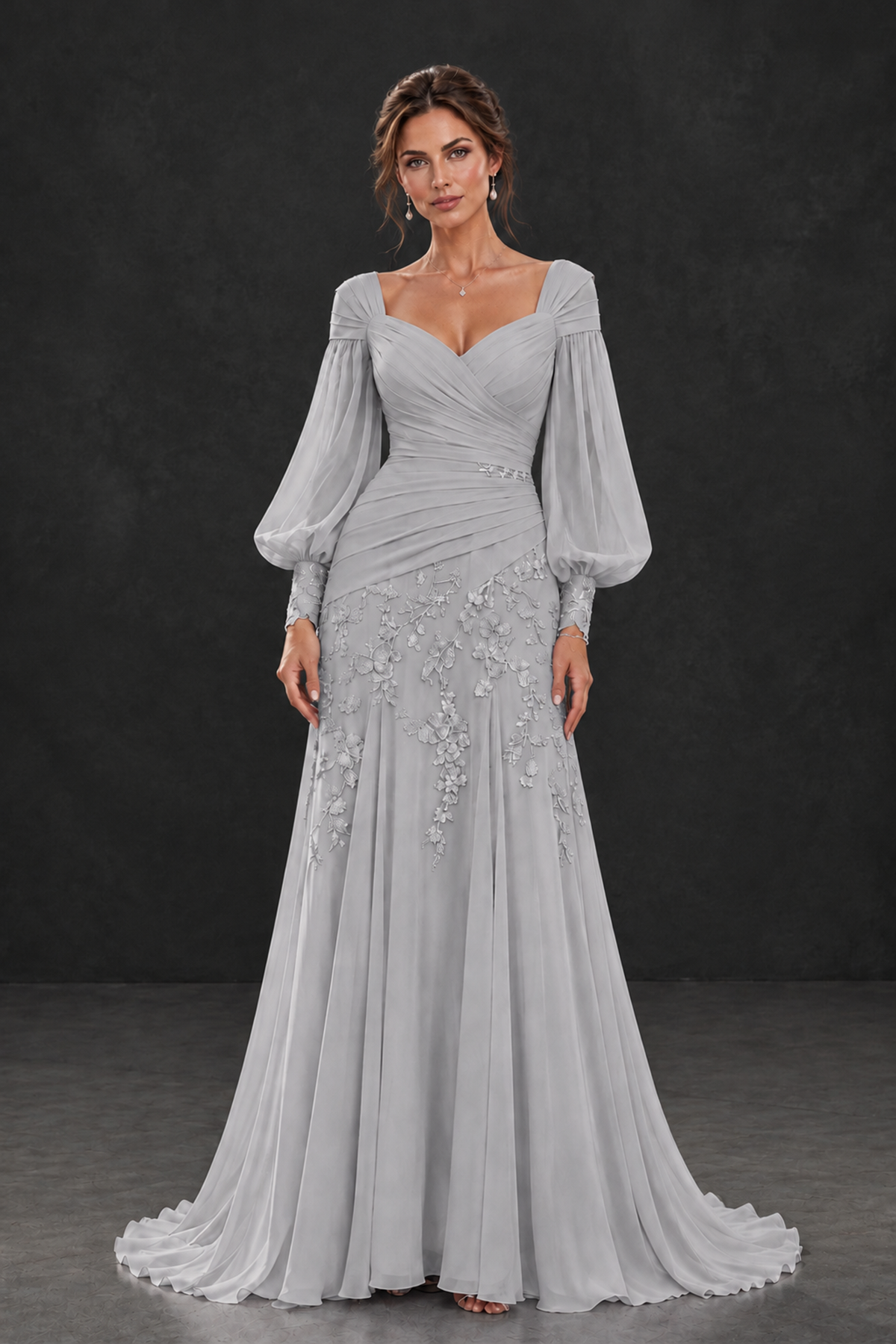 BOLODOO Silver Long Sleeve Mother of the Bride Dress with Floral Appliqués - Silver - Silver (1)