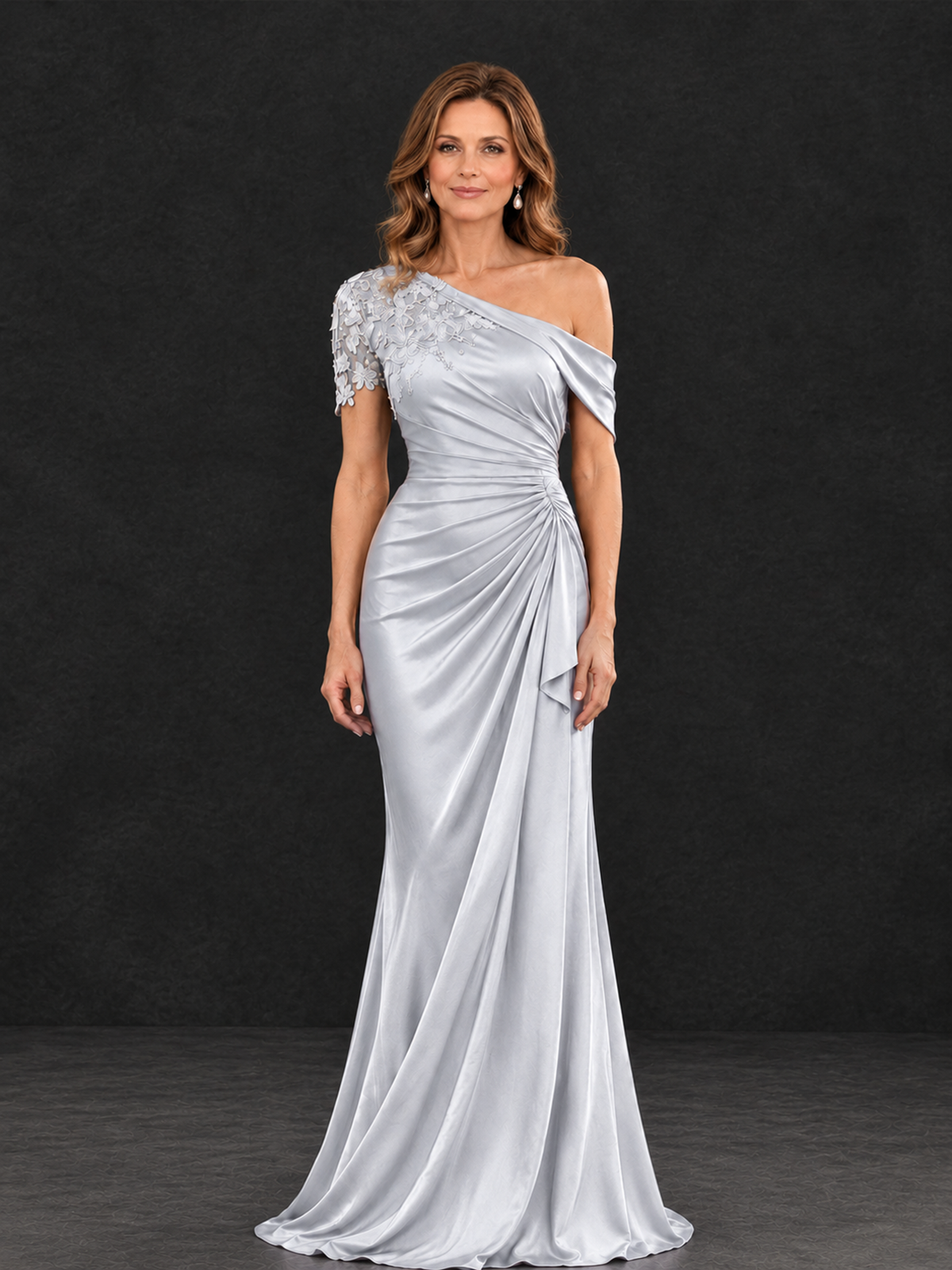 BOLODOO Silver Asymmetric Satin Mother of the Bride Dress with Lace Sleeve - Silver - Silver (1)