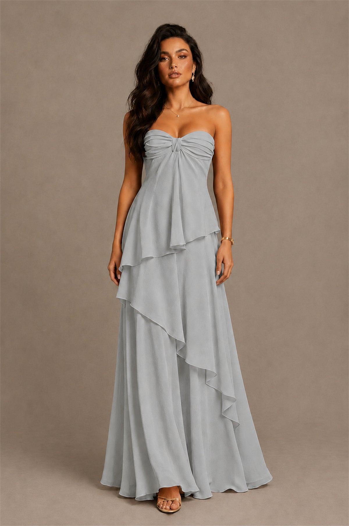 BOLODOO Silver Strapless Sweetheart Knotted Chiffon Tiered Maxi Dress with Lace-Up Back - Silver