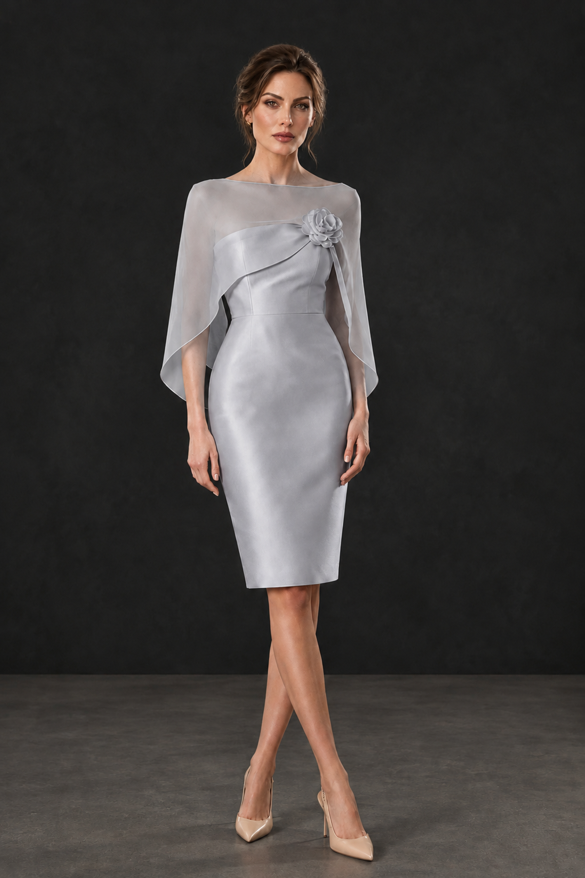 BOLODOO Silver Cape Knee-Length Mother of the Bride Dress - Silver - Silver (1)