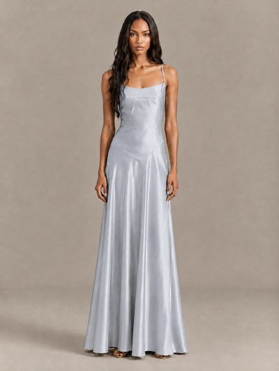 BOLODOO Silver Satin Lace-Up Back Maxi Dress - Silver