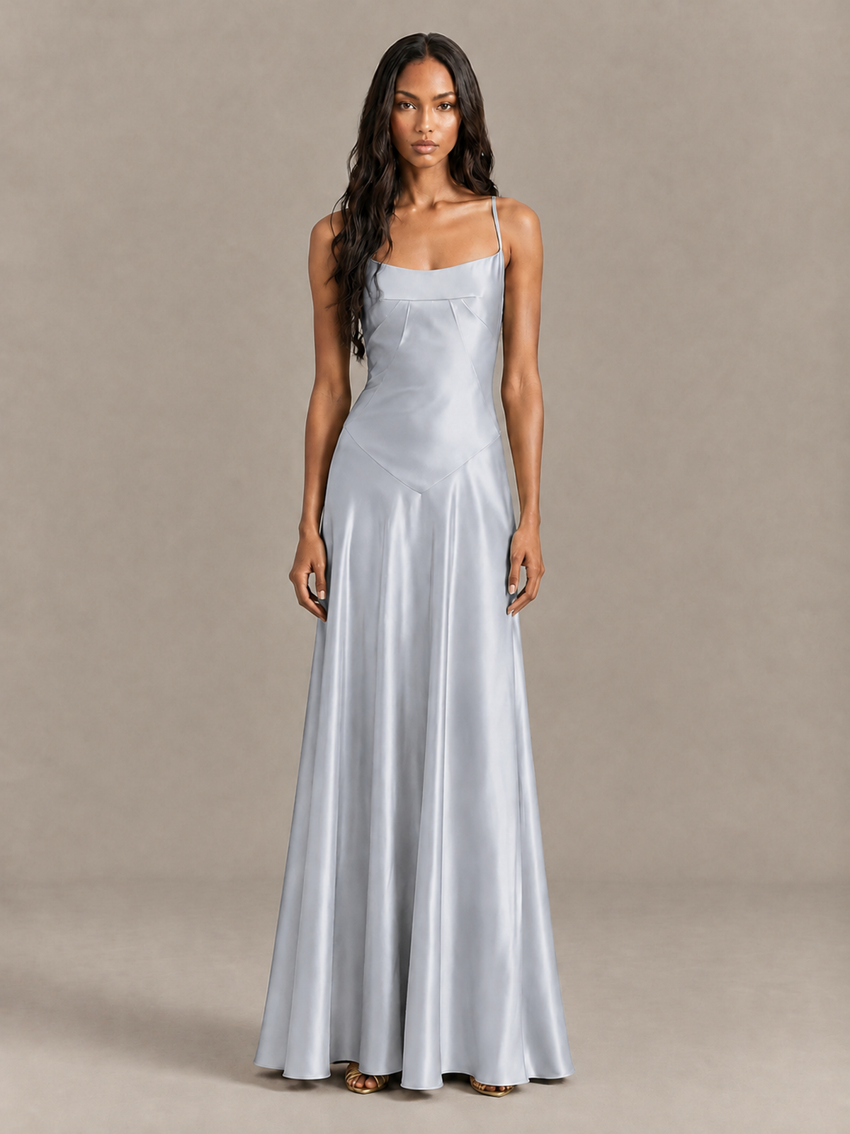 BOLODOO Silver Satin Lace-Up Back Maxi Dress - Silver