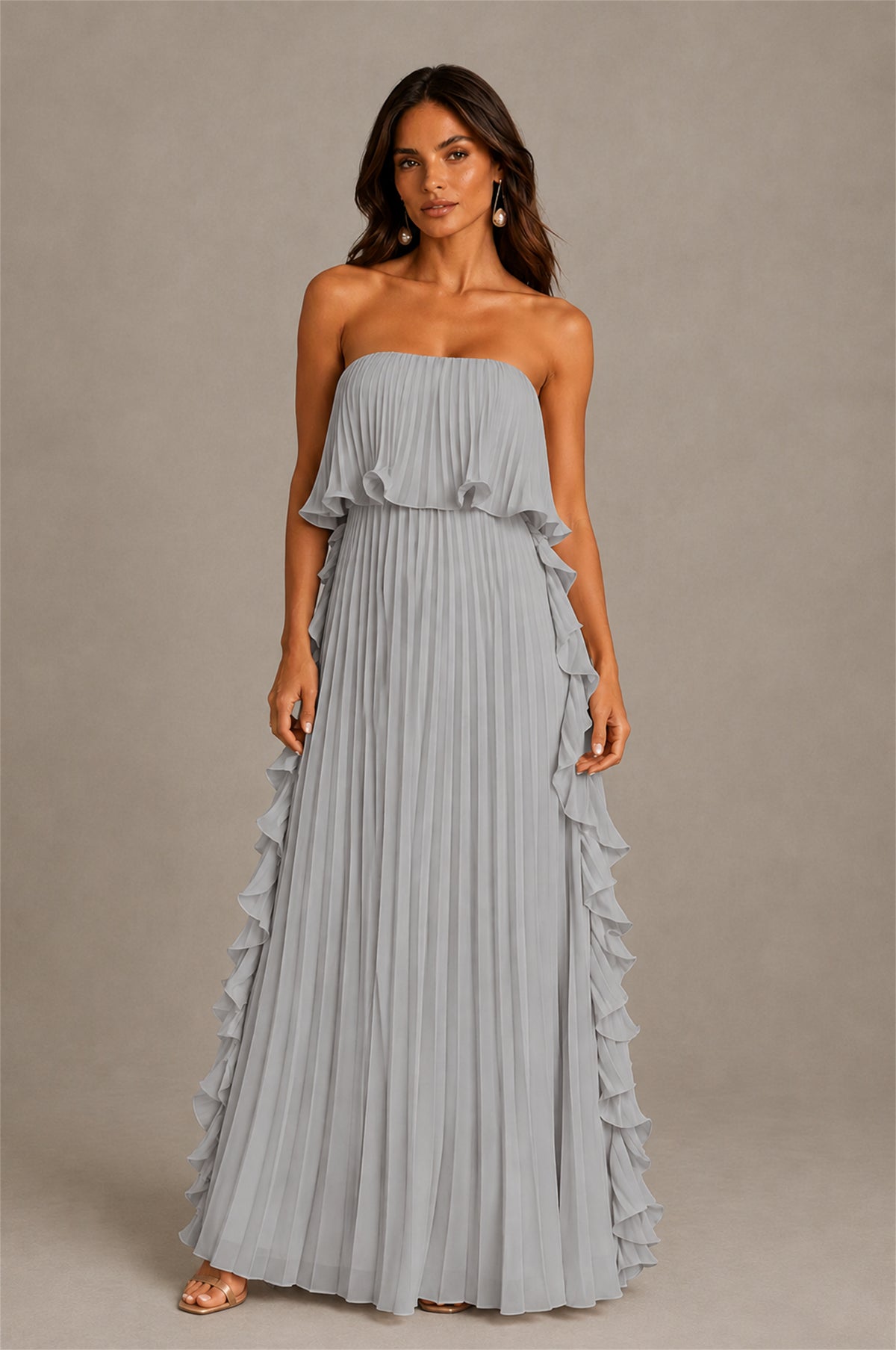 BOLODOO Silver Strapless Ruffle Bodice Dual Cascading Ruffle Accordion Pleated Chiffon Maxi Dress - Silver