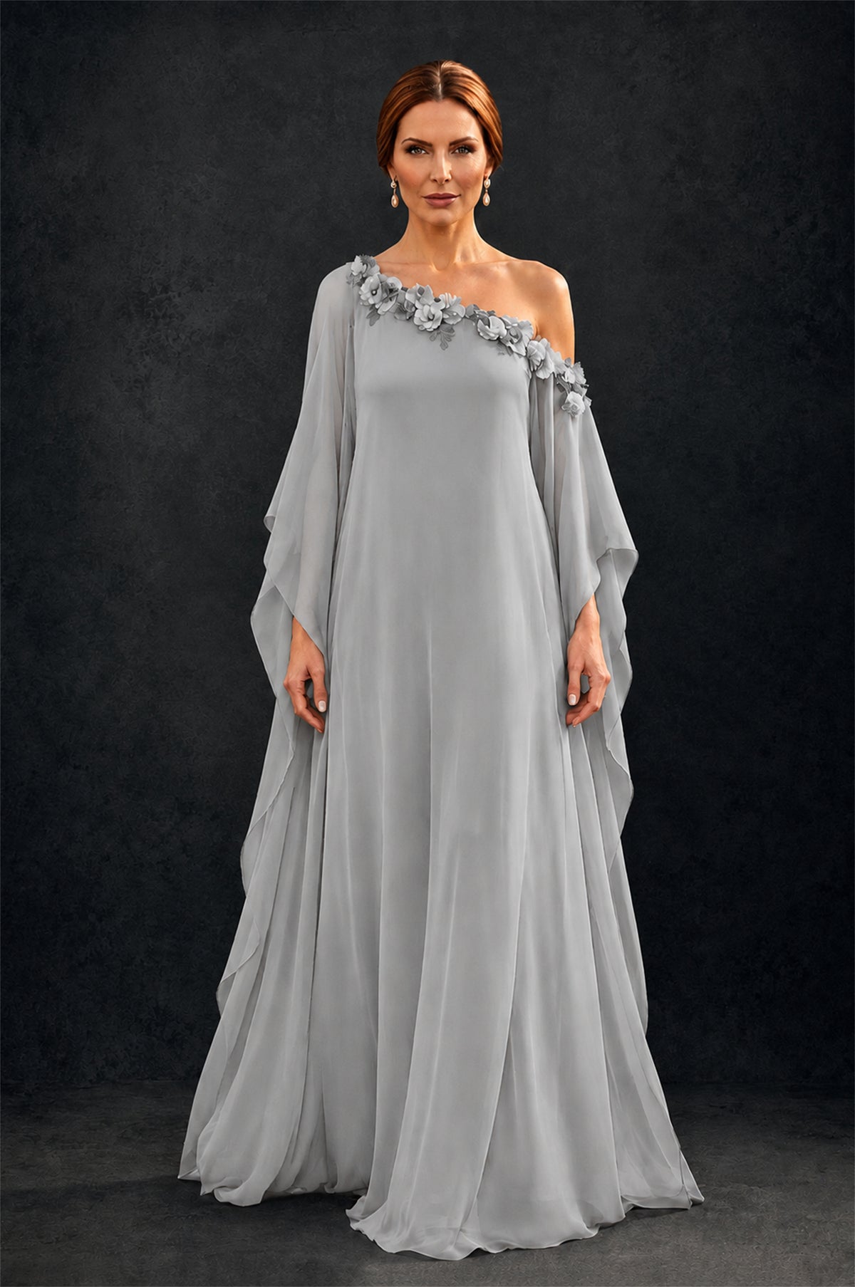 BOLODOO Silver 2-Piece Set: Off-Shoulder 3D Floral Cape Gown & One-Shoulder Wide-Leg Jumpsuit | BD0373 - Silver