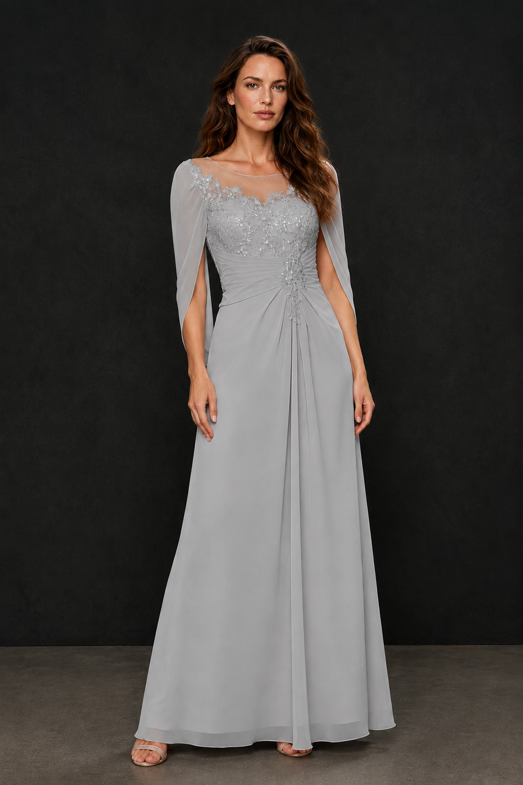 BOLODOO Silver Illusion Lace One-Side Cape Sleeve Beaded Chiffon Floor Length Gown | Mother of the Bride Evening Dress - Silver