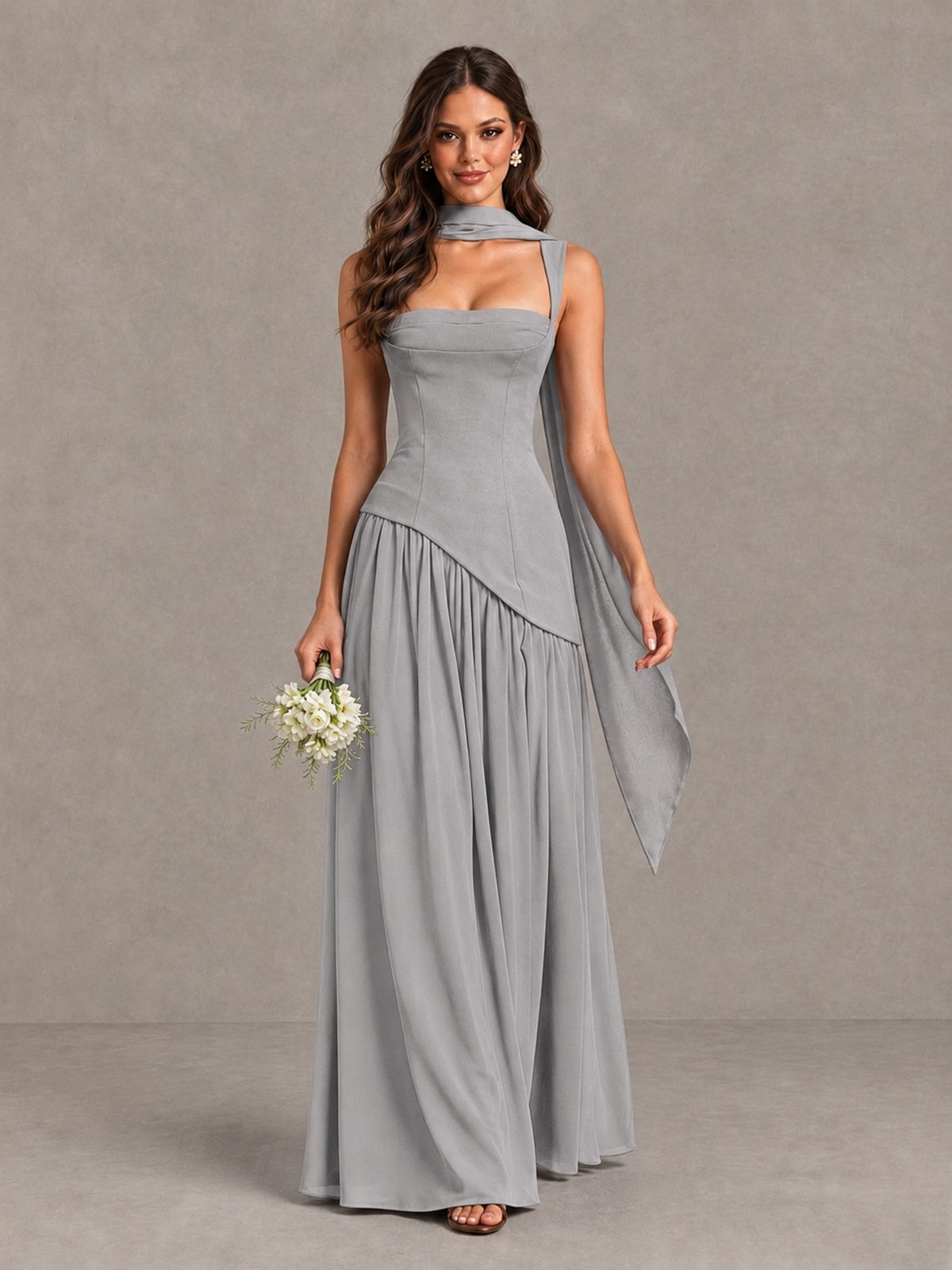 BOLODOO Silver Brown Scarf Bridesmaid Dress with Lace-Up Back - Silver - Silver (1)
