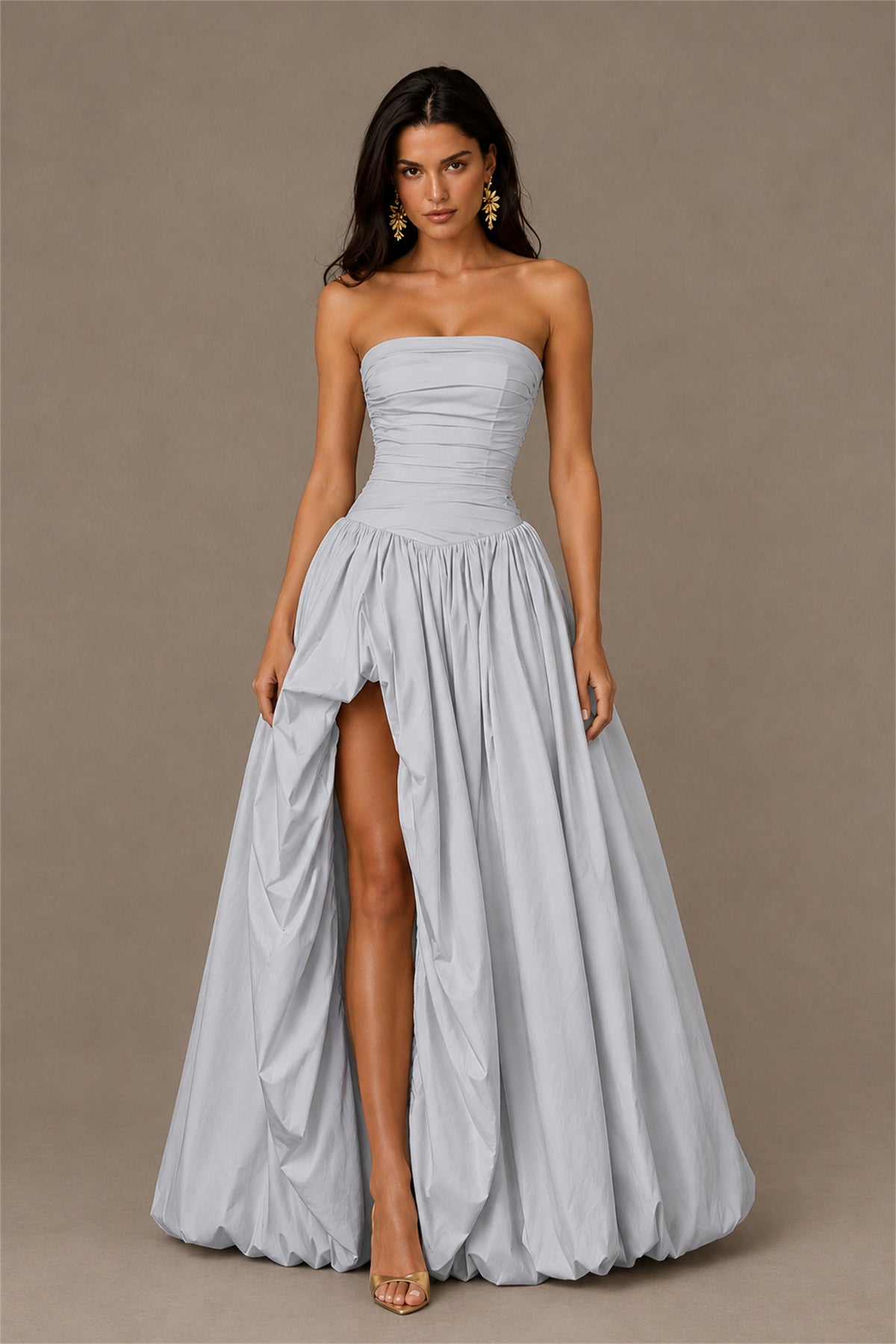 BOLODOO Silver Strapless Ruched Corset Lace-Up Back Bubble Skirt High Slit Taffeta Maxi Dress - Silver