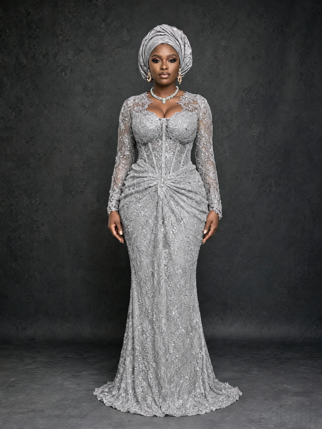 BOLODOO Silver Beaded Lace Long Sleeve Mermaid Gown Sweetheart | Mother of the Bride - Silver