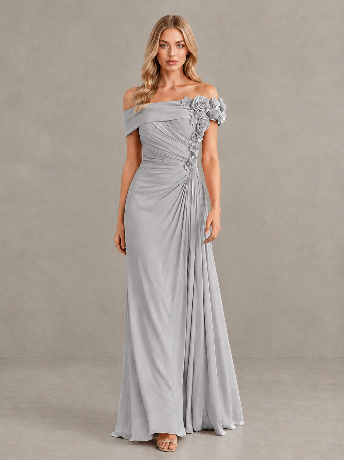BOLODOO Silver Off-Shoulder Floral Applique Wedding Guest Maxi Dress - Silver - Silver (1)