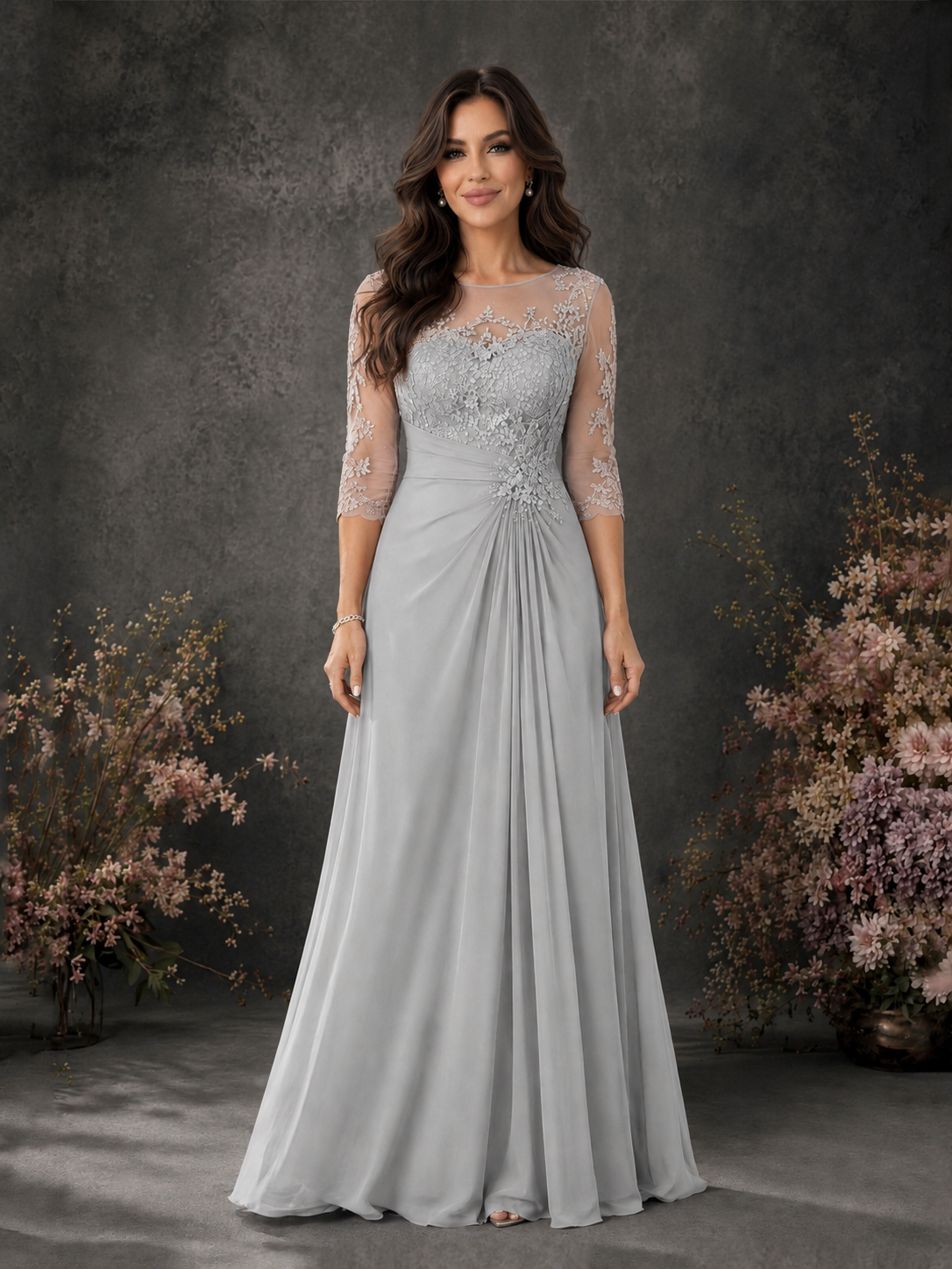BOLODOO Silver Chiffon Lace Illusion Neckline 3/4 Sleeve Floor Length Formal Gown - Silver