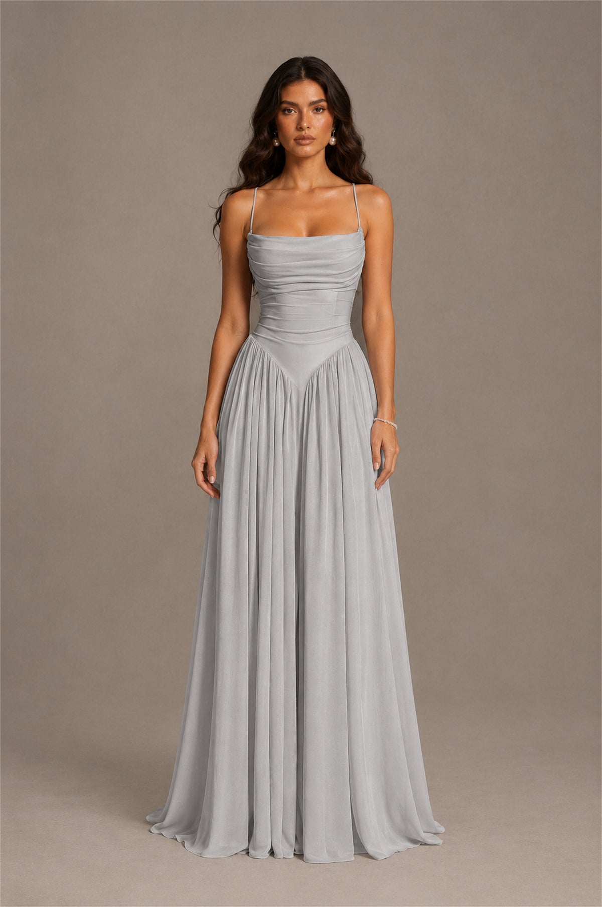BOLODOO Silver Spaghetti Strap Square Neck Ruched Chiffon Maxi Dress with Lace-Up Back - Silver
