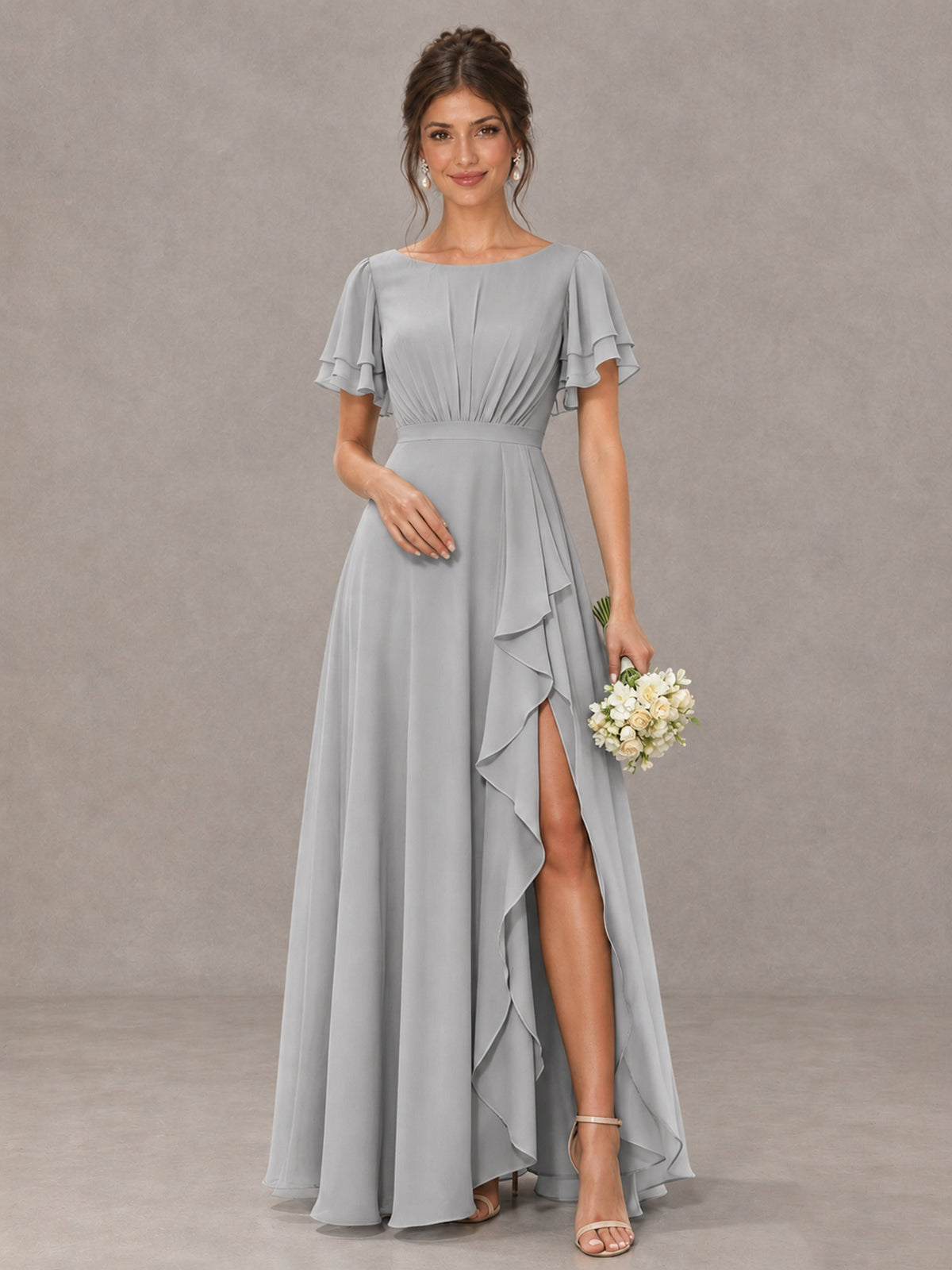 BOLODOO Silver Flutter Sleeve Ruffle Bridesmaid Dress with Slit - Silver - Silver (1)