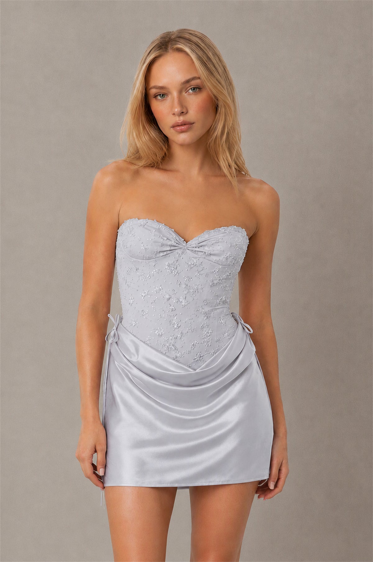 BOLODOO Silver Lace Corset Strapless Sweetheart Satin Mini Dress with Open Back - Silver