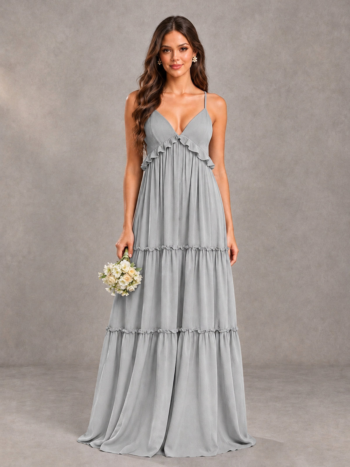 BOLODOO Silver Tiered V-Neck Lace-Up Back Bridesmaid Dress - Silver - Silver (1)