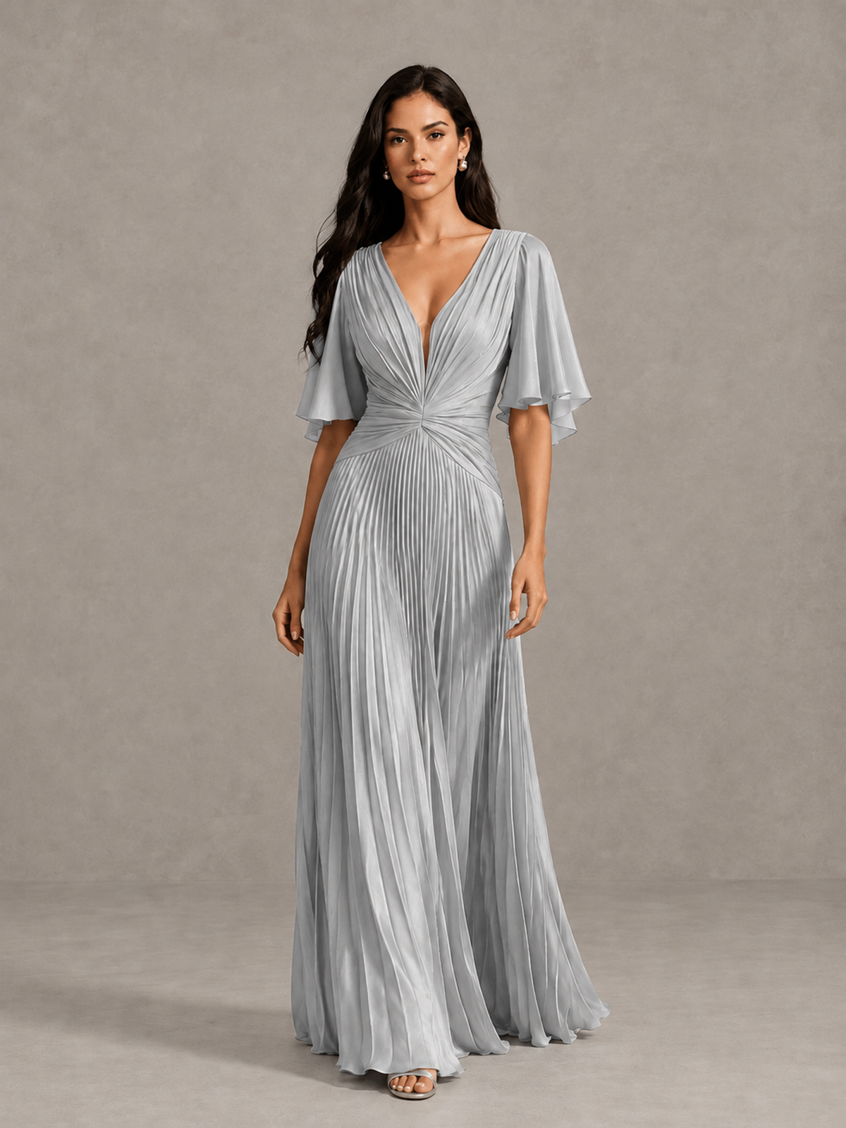 BOLODOO Silver Pleated V-Neck Flutter Sleeve Bridesmaid Dress - Silver - Silver (1)