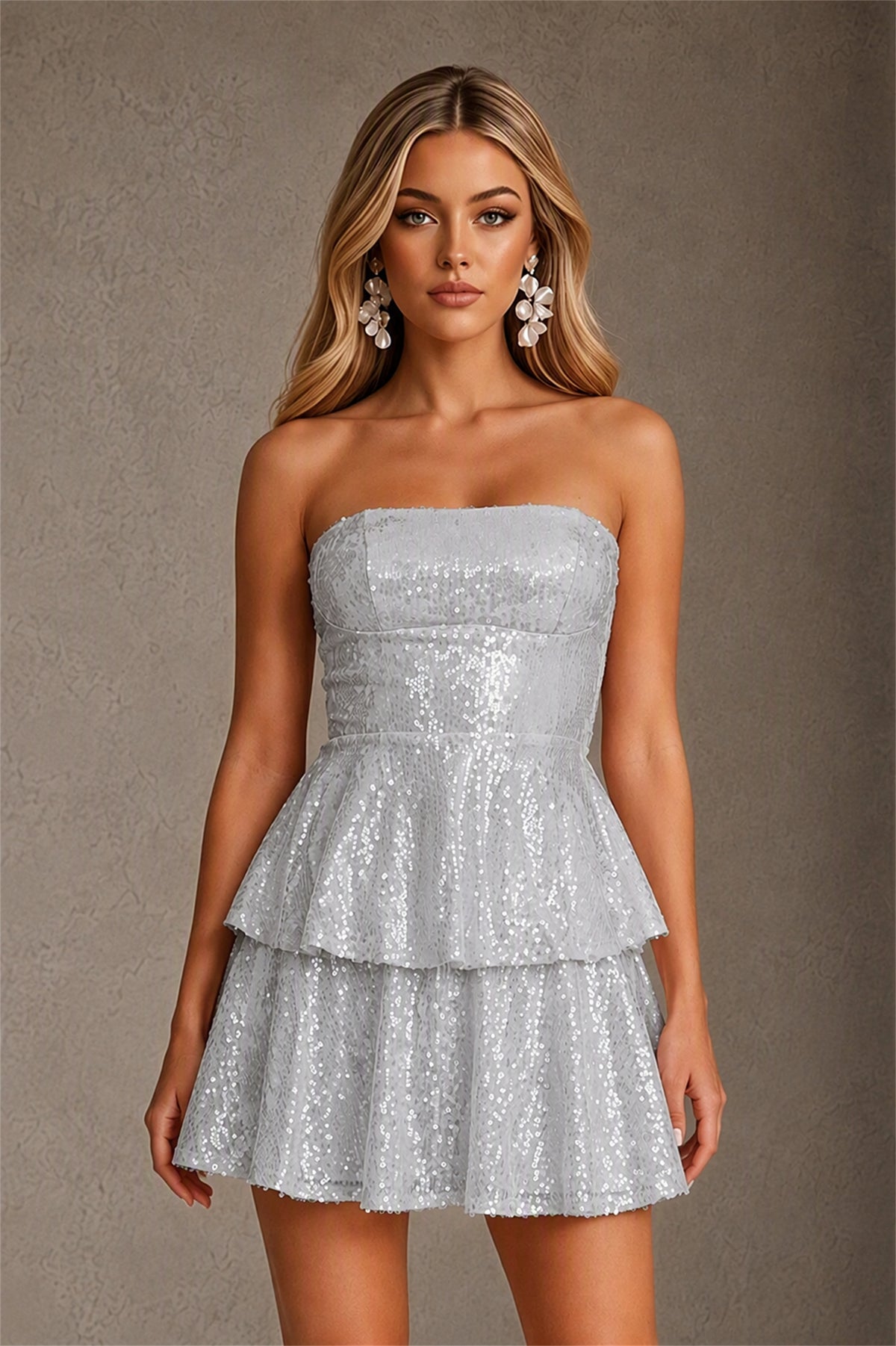 BOLODOO Silver Iridescent Sequin Strapless Open Back Bow Tiered Mini Dress | Aurora Sequin Ruffle Party Dress - Silver