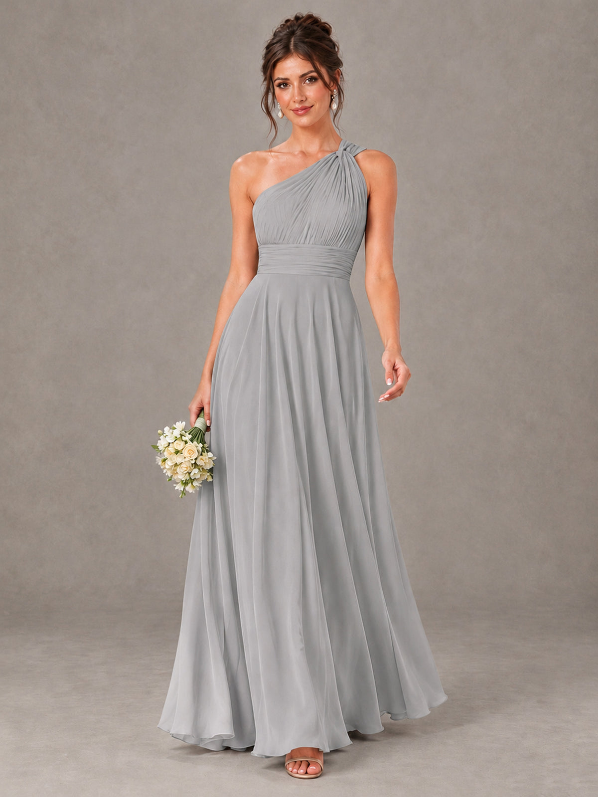 BOLODOO Silver One-Shoulder Chiffon-Look Bridesmaid Dress - Silver - Silver (1)