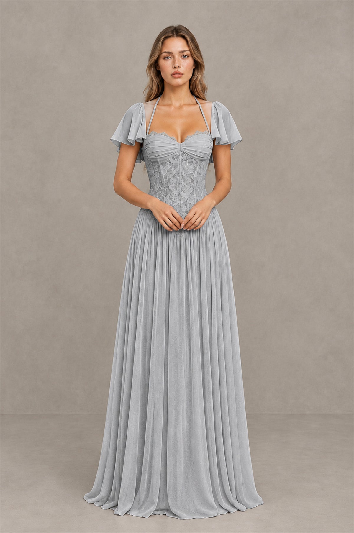 BOLODOO Silver Flutter Sleeve Lace Corset A-Line Maxi Dress - Silver - Silver (1)