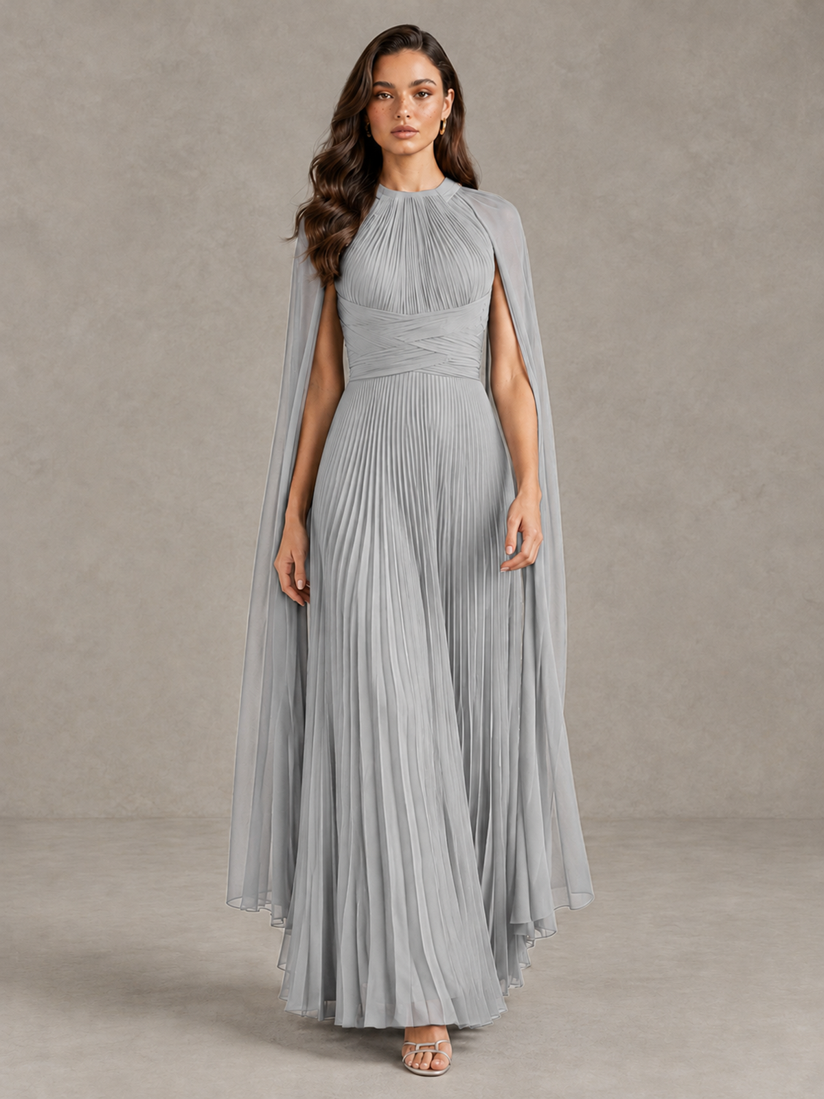 BOLODOO Silver Pleated Cape Maxi Wedding Guest Dress - Silver - Silver (1)