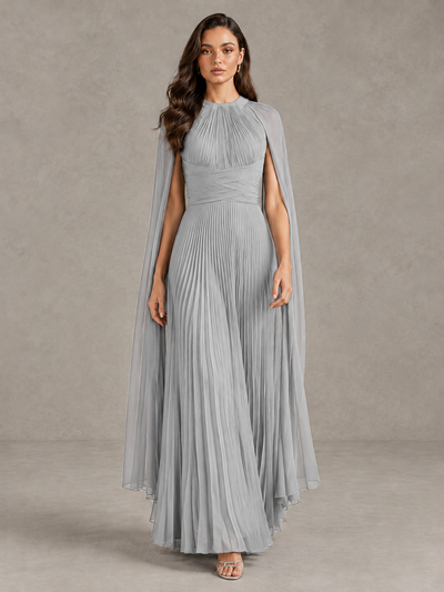 BOLODOO Silver Pleated Cape Maxi Wedding Guest Dress - Silver - Silver (1)