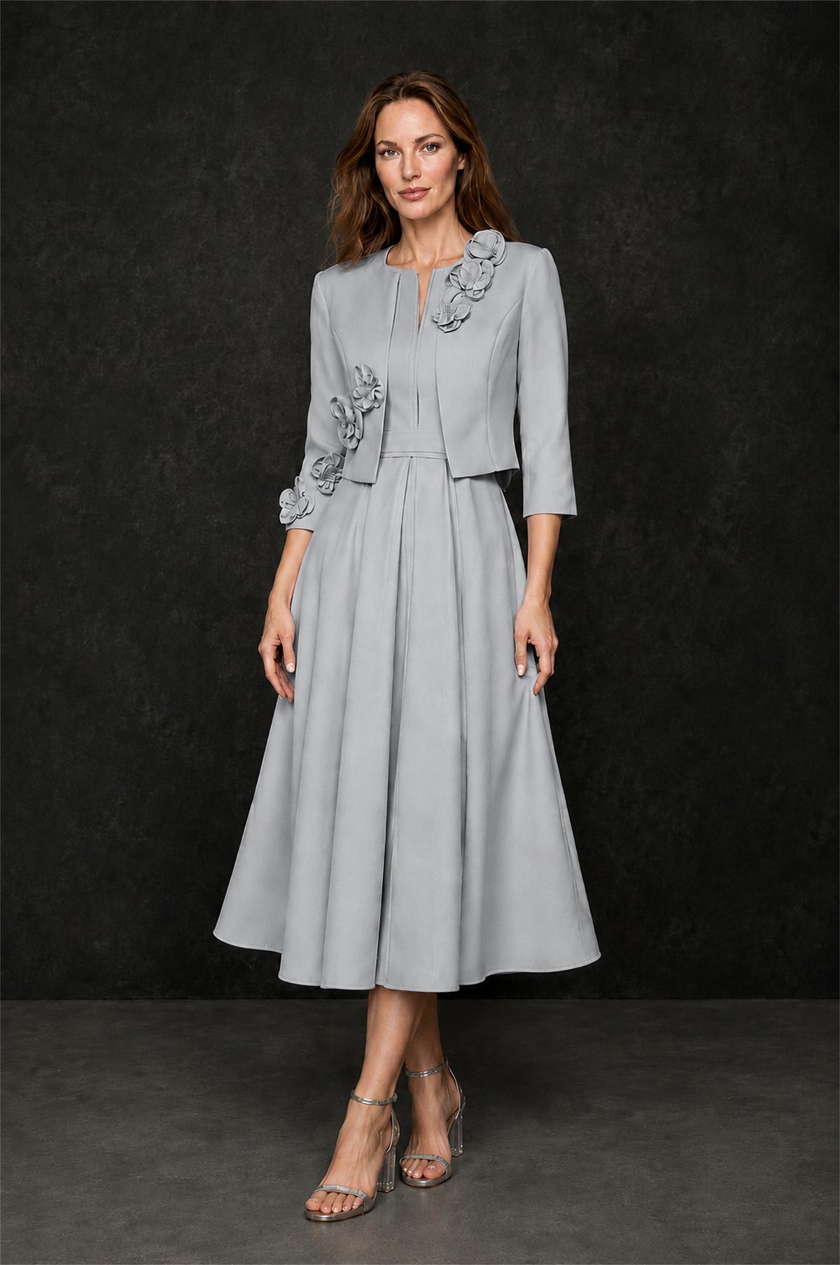 BOLODOO Silver 3D Rosette Appliqué 3/4 Sleeve Jacket & V-Notch Sleeveless A-Line Tea-Length Two-Piece Dress Set - Silver
