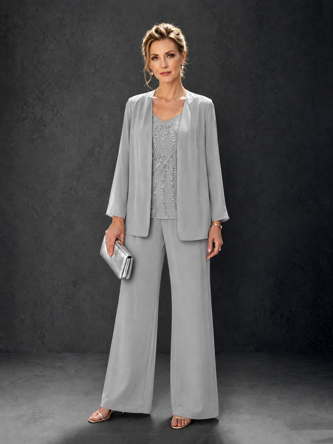BOLODOO Silver 3-Piece Mother of the Bride Pant Suit with Beaded Top & Chiffon Jacket - Silver