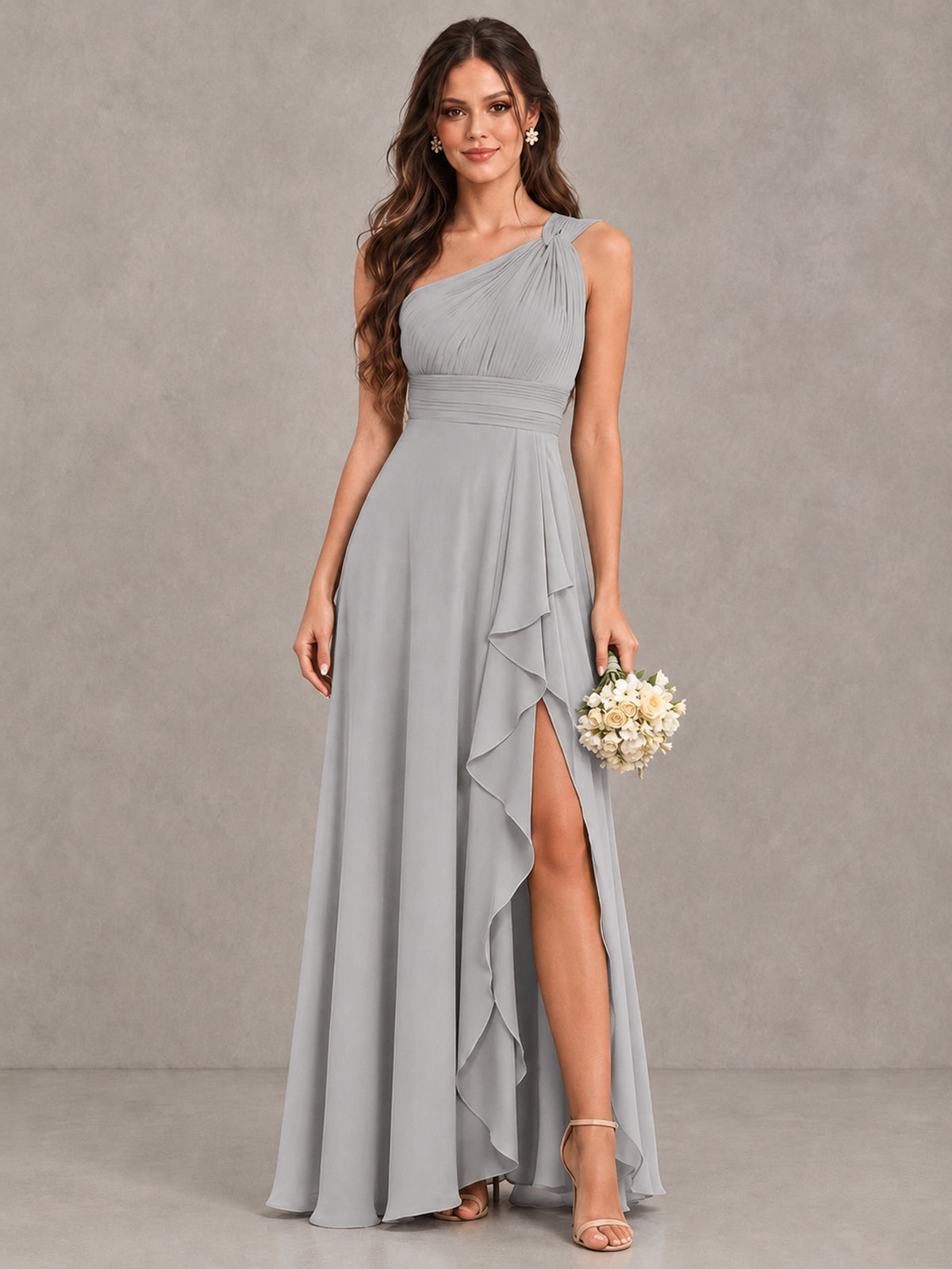 BOLODOO Silver One-Shoulder Ruffle Bridesmaid Dress with Slit - Silver - Silver (1)