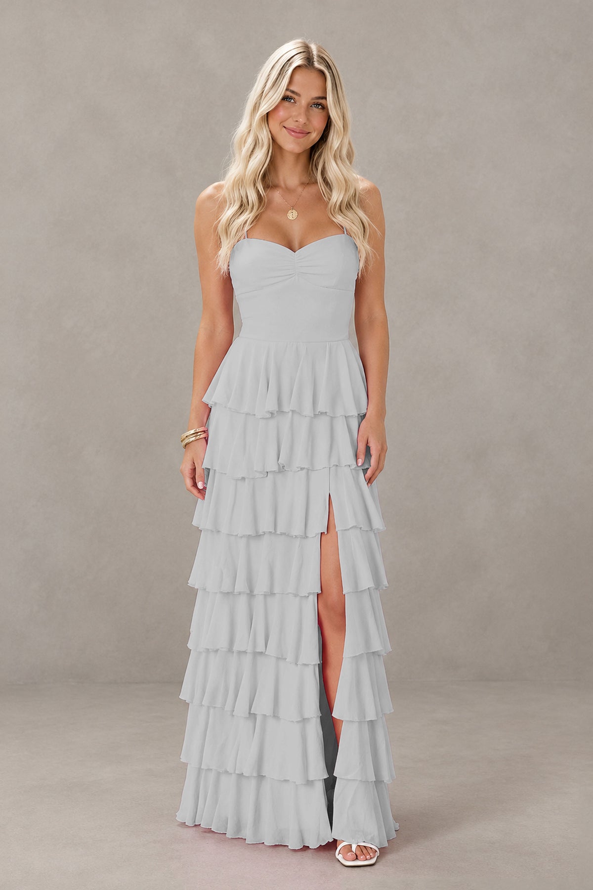 BOLODOO Silver Strapless Tiered Ruffle Maxi Dress with Slit & Lace-Up Back - Silver