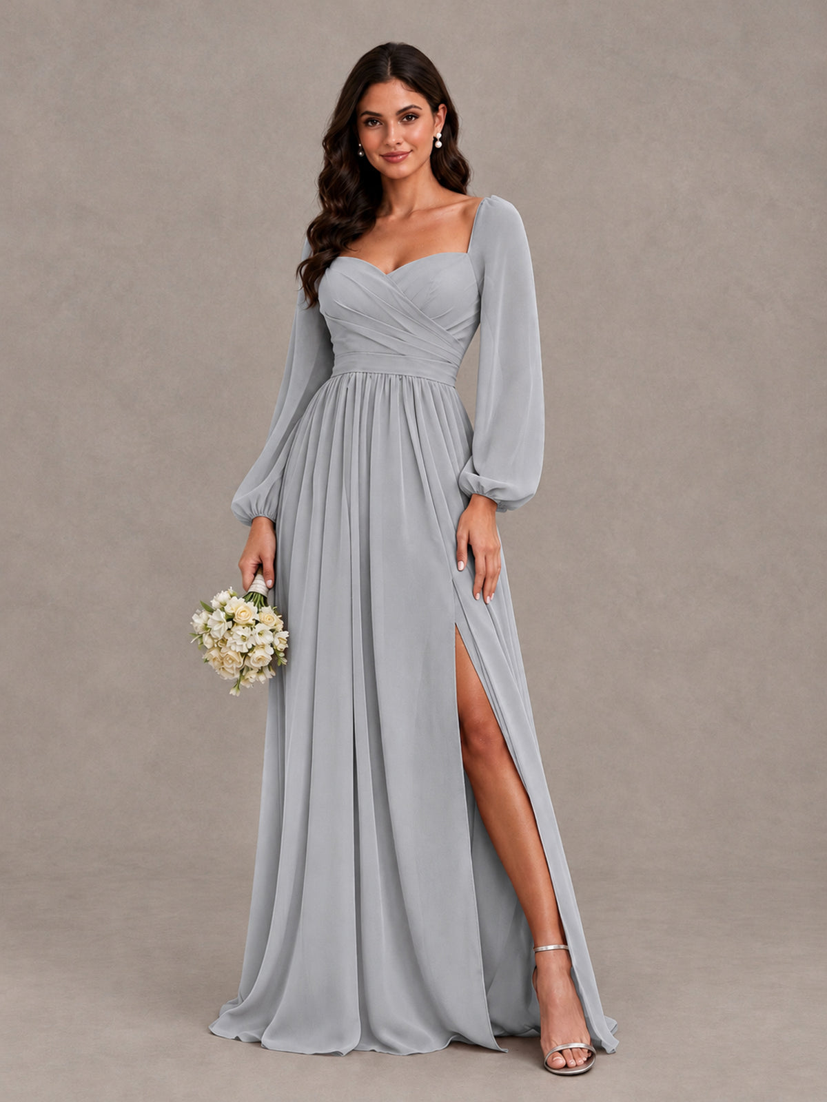 BOLODOO Silver Long Sleeve Chiffon Bridesmaid Dress with Slit - Silver - Silver (1)