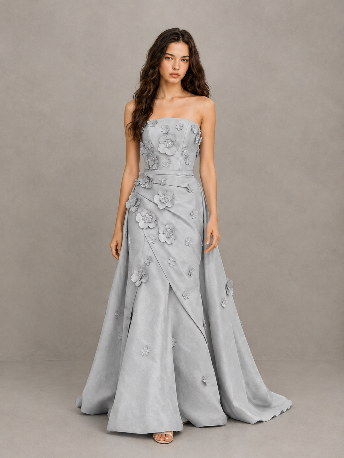 BOLODOO Silver Strapless 3D Floral Applique Prom Gown with Draped Skirt - Silver - Silver (1)