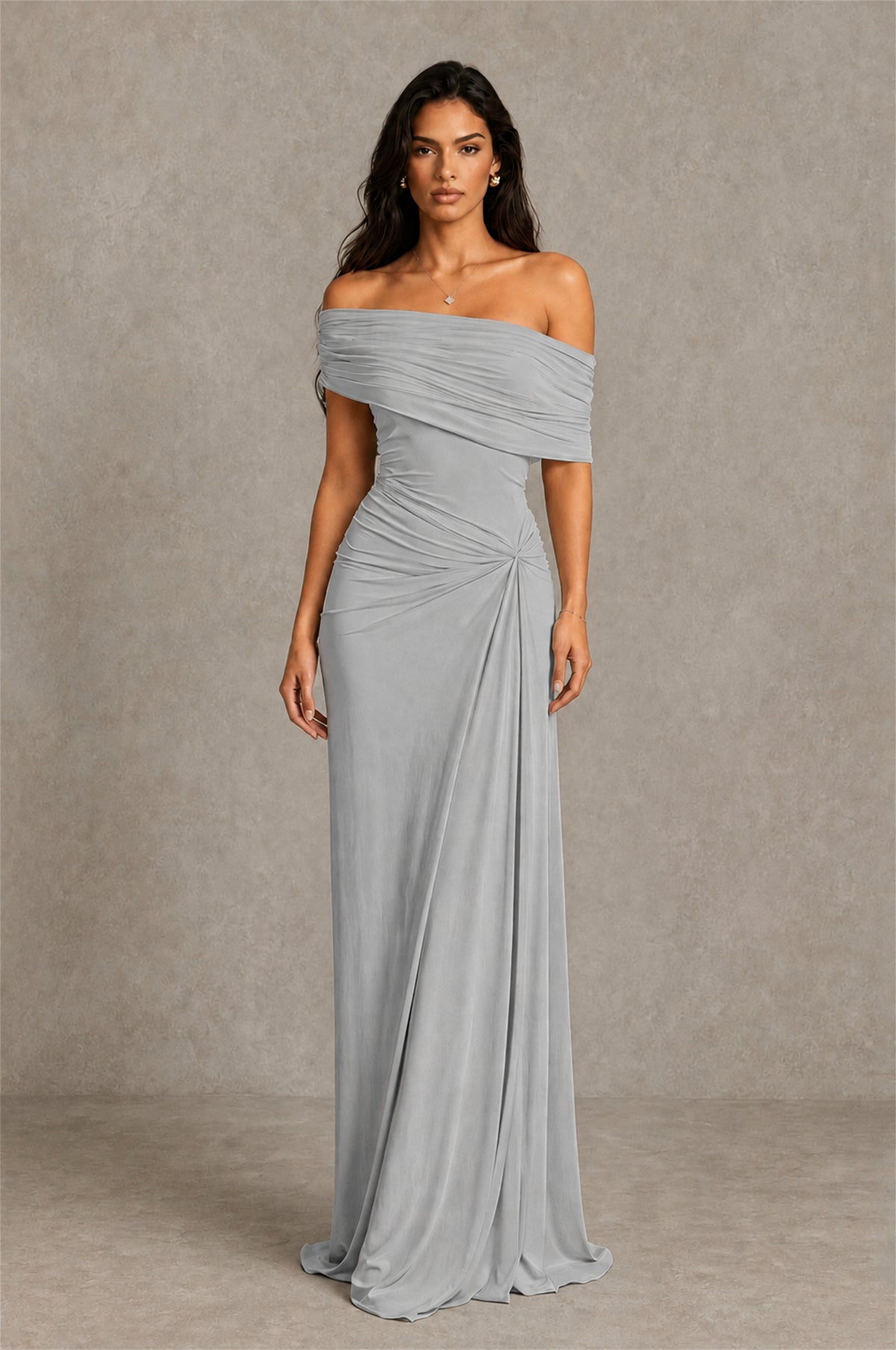 BOLODOO Silver Off-Shoulder Ruched Maxi Dress - Silver