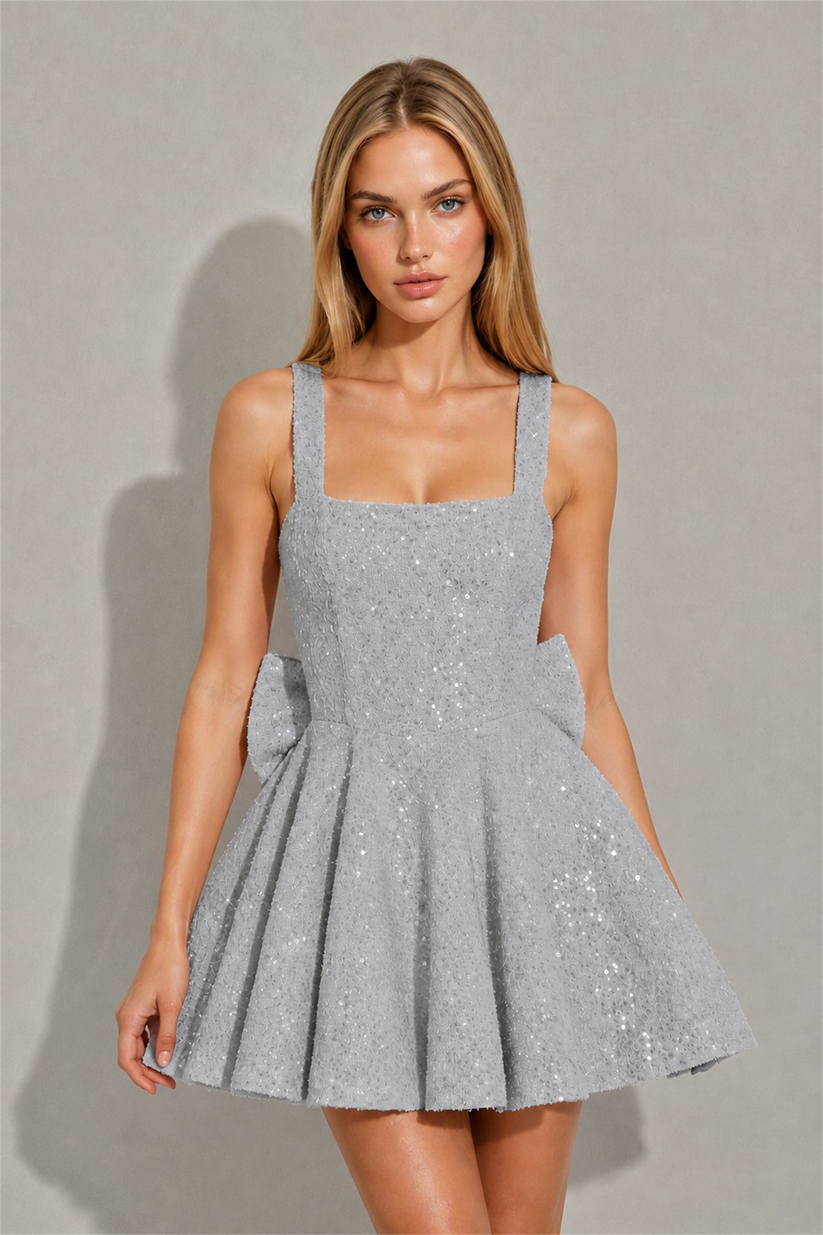 BOLODOO Silver Sequin Square Neck Wide Strap Bow Waist Open Back Fit and Flare Mini Dress | Prom Birthday Party Dress - Silver