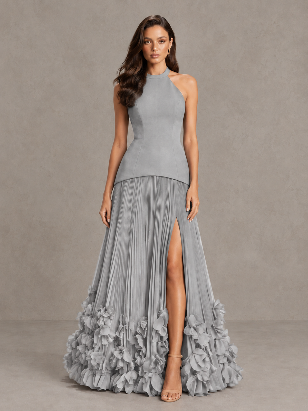 BOLODOO Silver Halter Neck Floor-Length Evening Gown with High Slit & 3D Floral Hem - Silver - Silver (1)