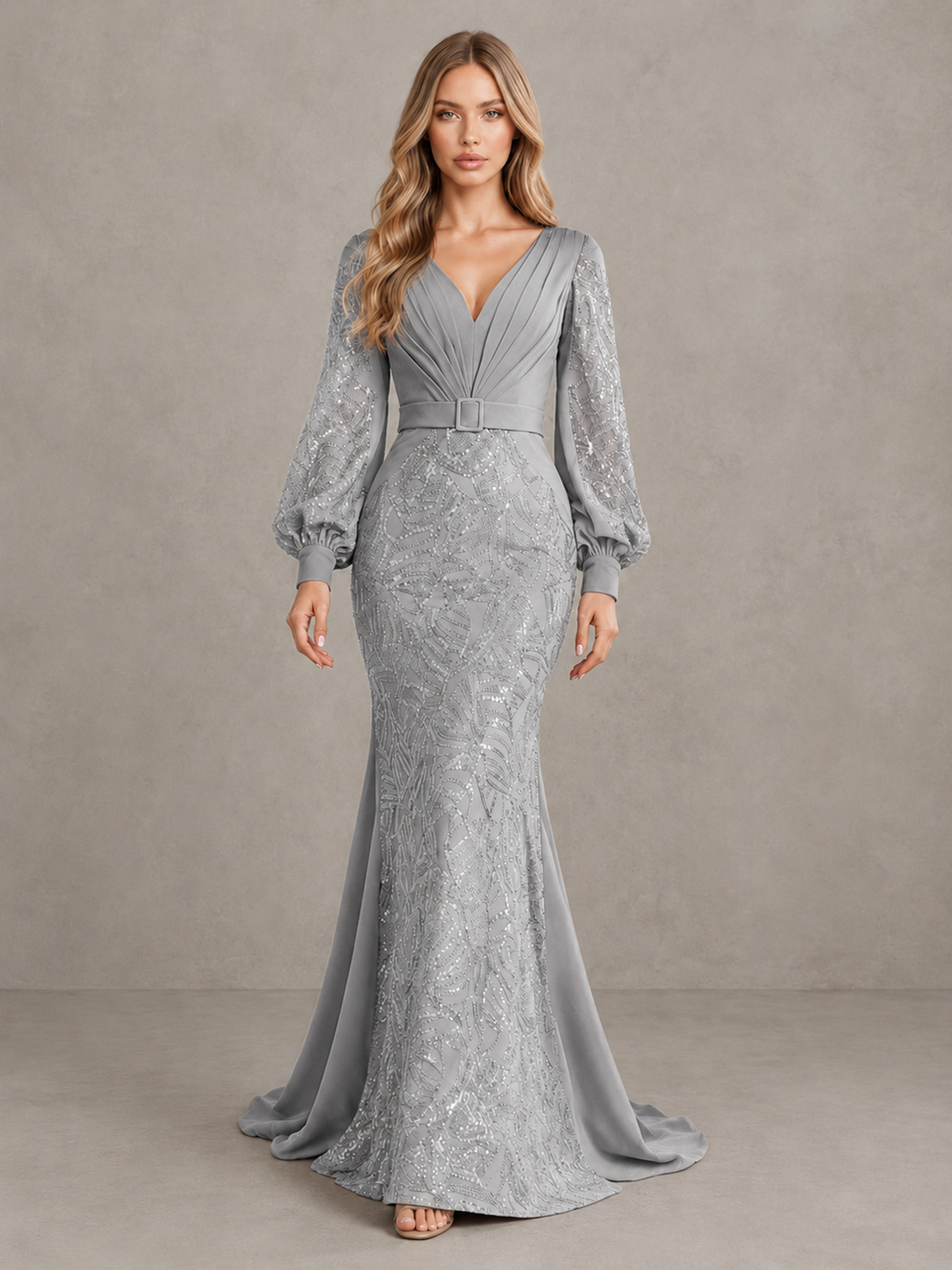 BOLODOO Silver Sequin Long Bishop Sleeve Mermaid Evening Dress - Silver - Silver (1)