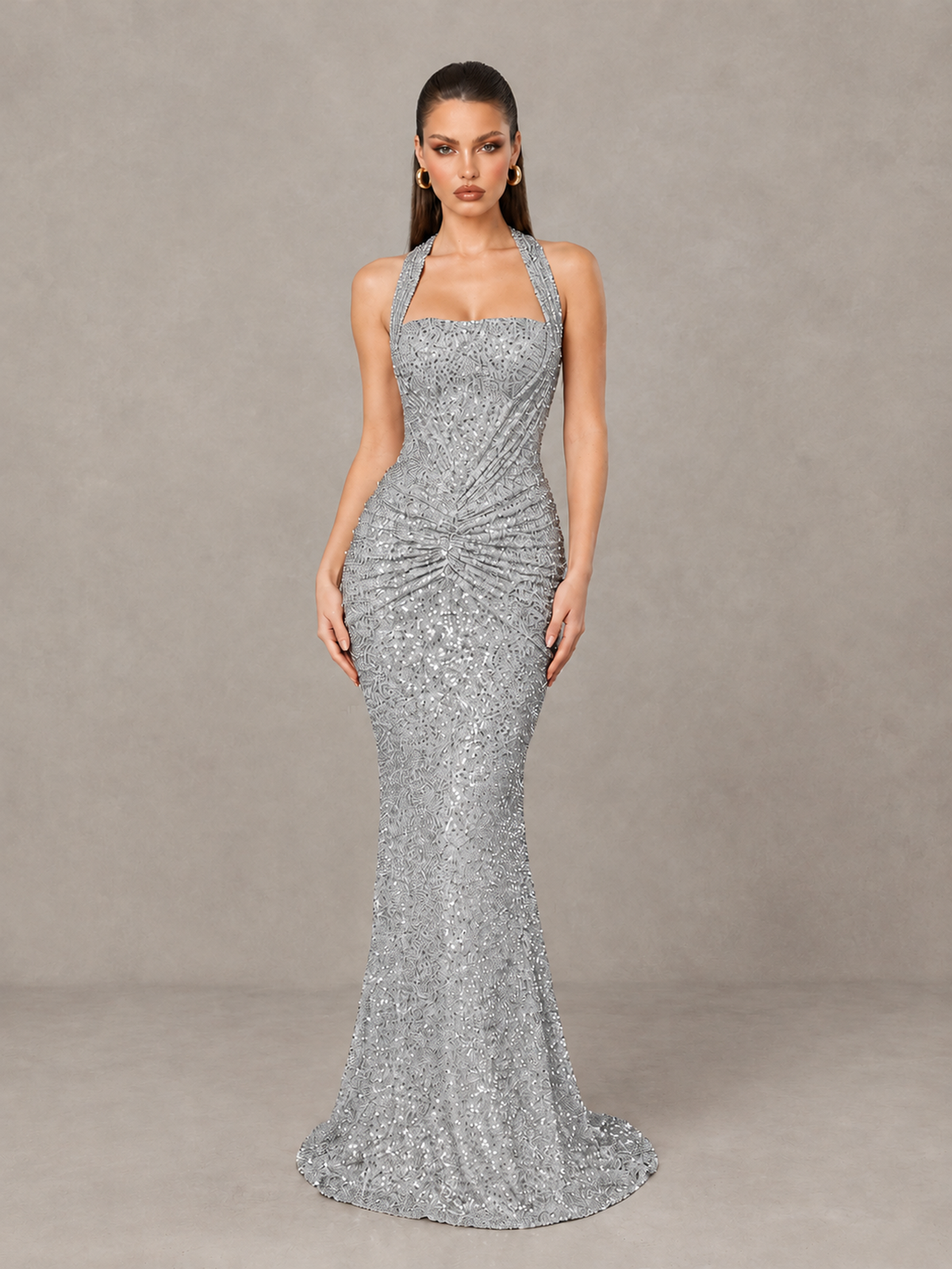 BOLODOO Silver Sequin Halter Mermaid Evening Gown - Silver - Silver (1)
