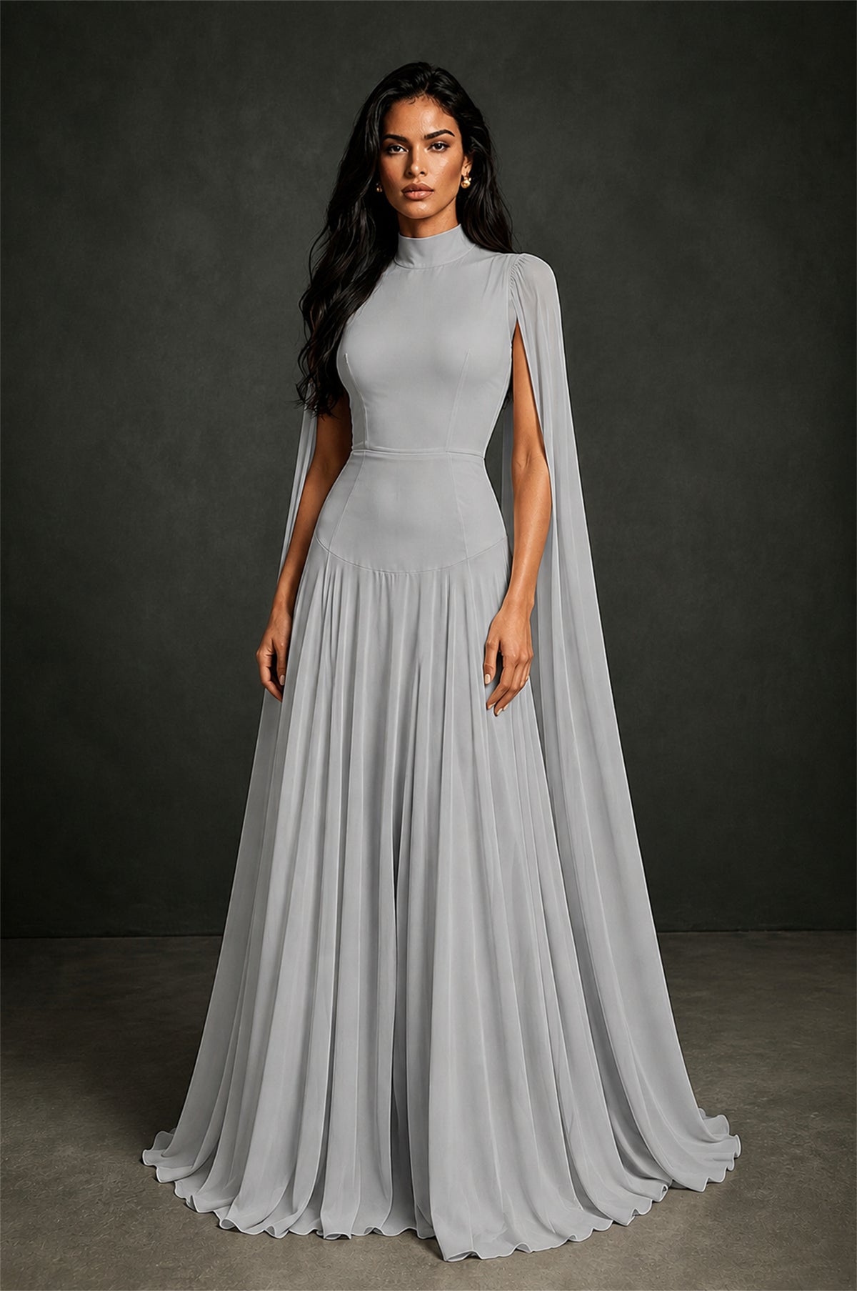 BOLODOO Silver Mock Neck Cape Sleeve A-Line Chiffon Maxi Dress - Silver - Silver (1)