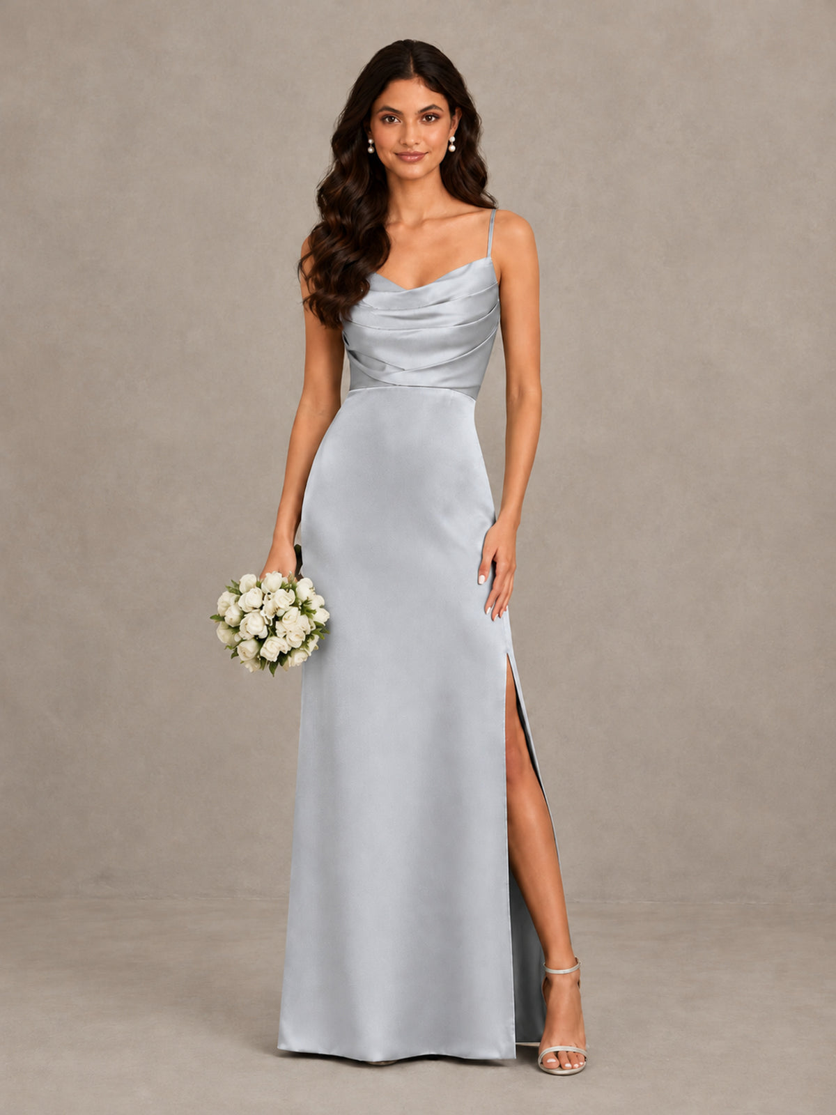 BOLODOO Silver Cowl Neck Satin Bridesmaid Dress with Slit - Silver - Silver (1)