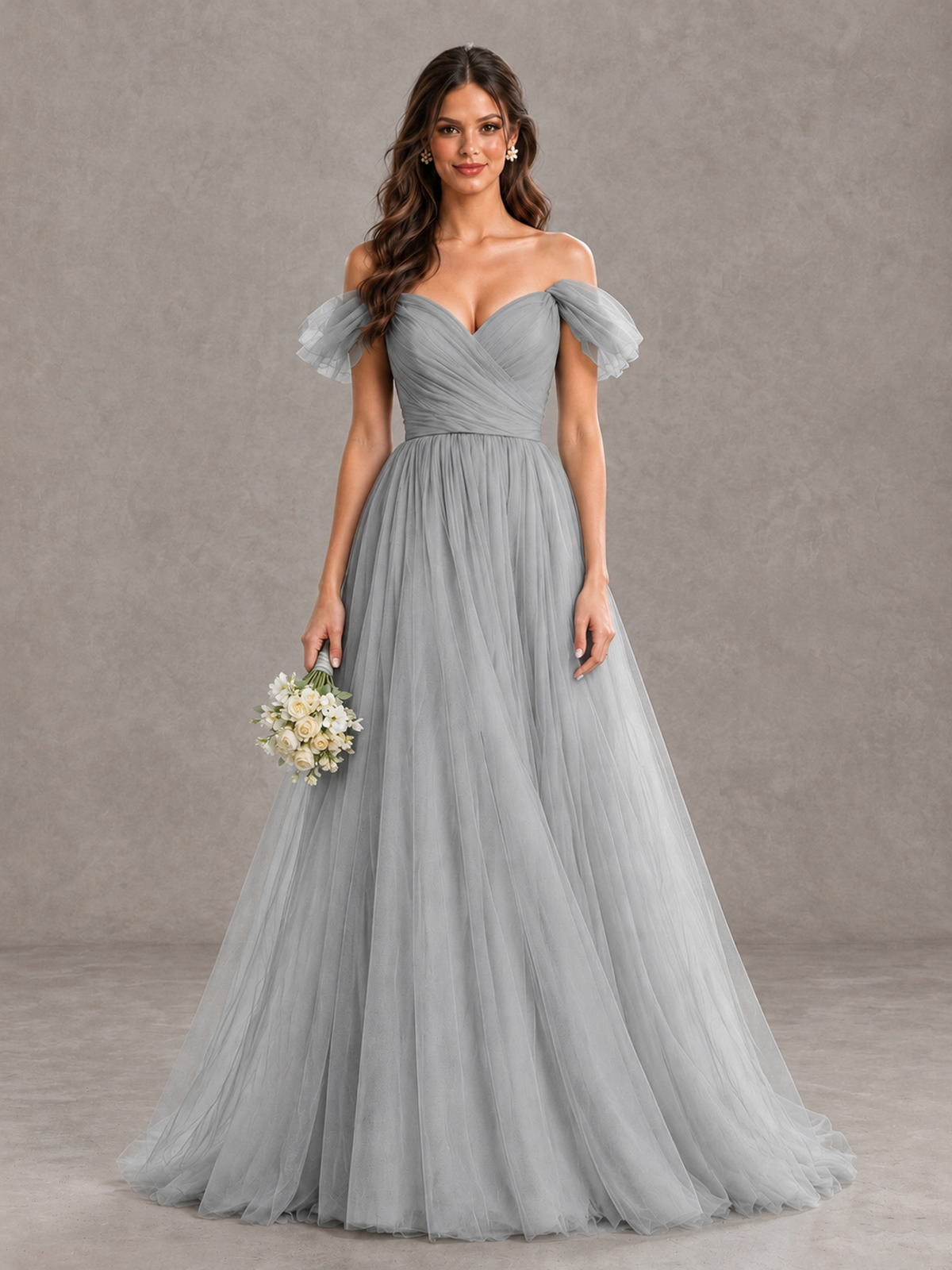 BOLODOO Silver Off-the-Shoulder Ruffle Sleeve A-Line Bridesmaid Dress - Silver - Silver (1)