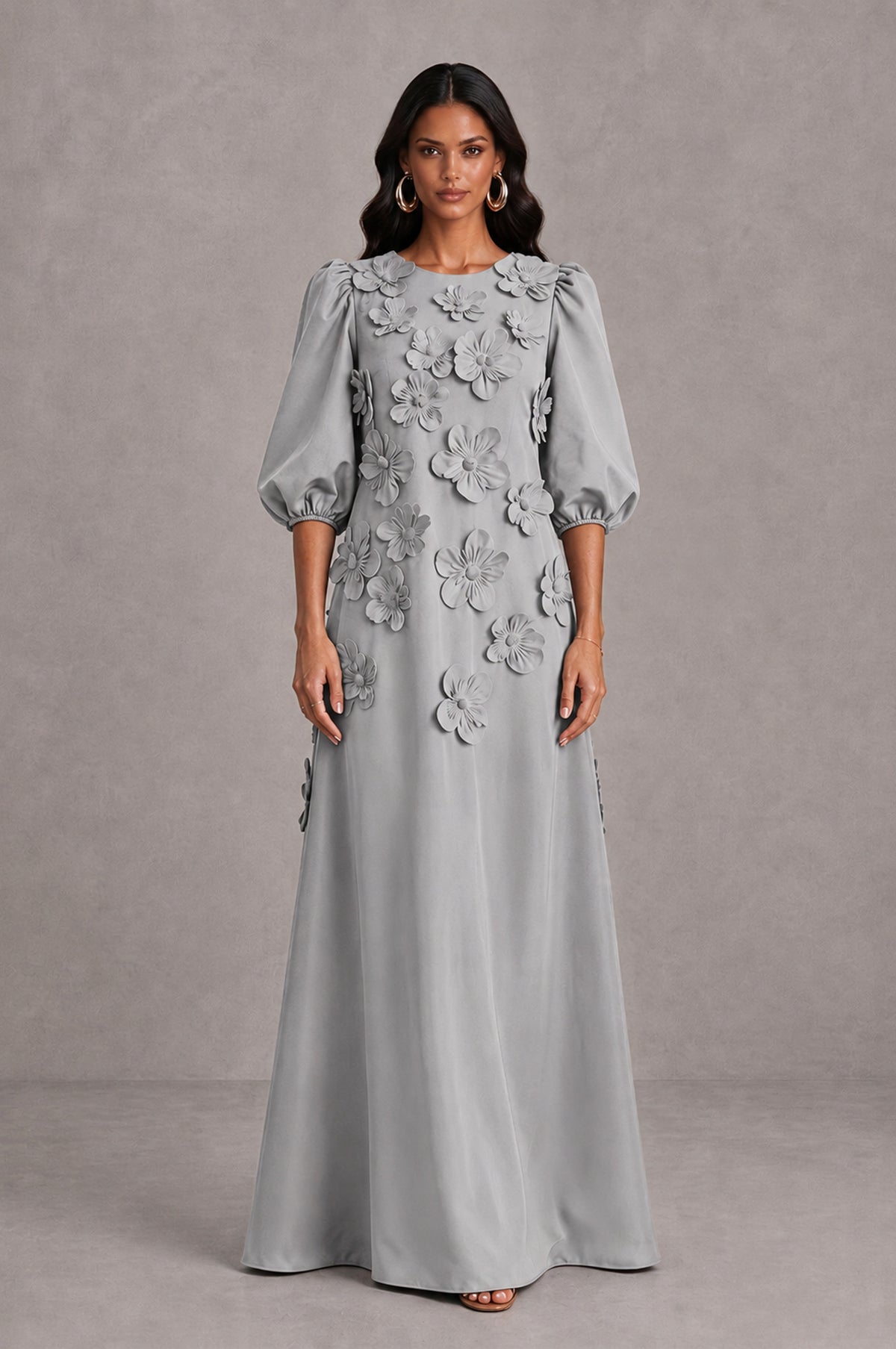 BOLODOO Silver Floral Applique Puff Sleeve A-Line Evening Dress - Silver - Silver (1)