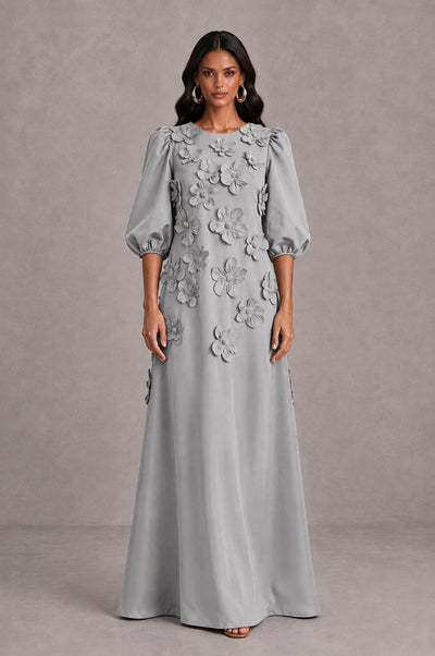BOLODOO Silver Floral Applique Puff Sleeve A-Line Evening Dress - Silver - Silver (1)