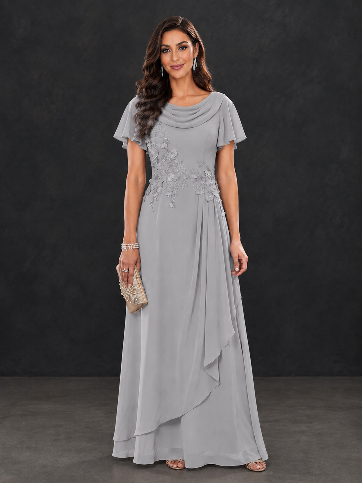 BOLODOO Silver Floral Flutter Sleeve Mother of the Bride Dress - Silver