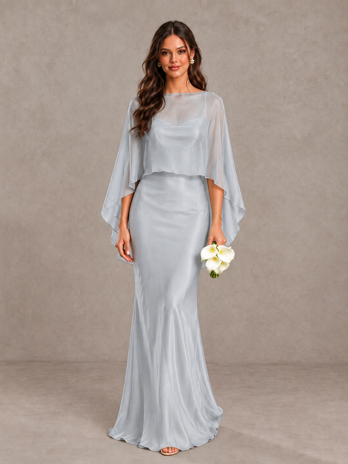 BOLODOO Silver Satin Mermaid Bridesmaid Dress with Chiffon Cape - Silver - Silver (1)