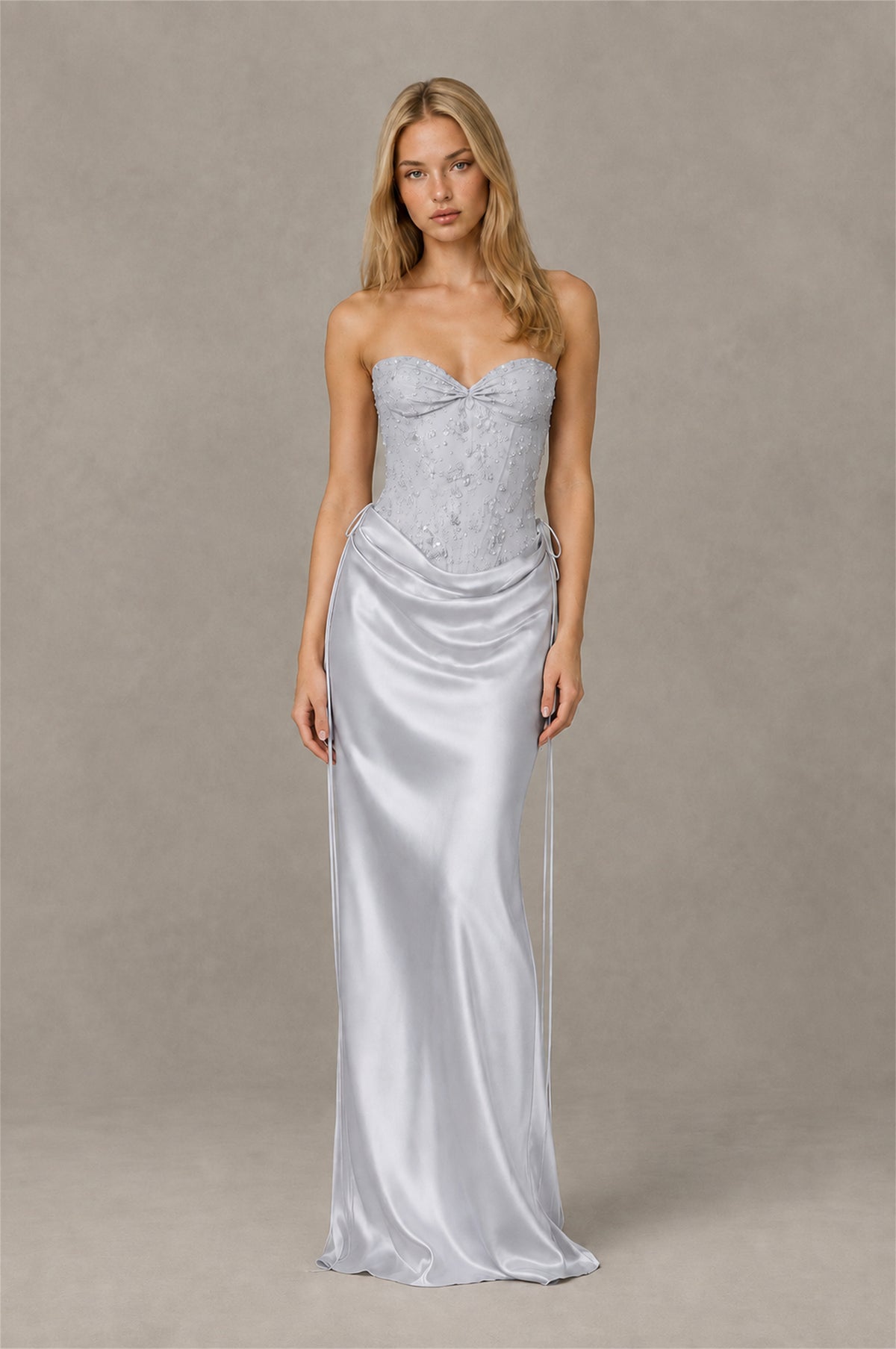BOLODOO Silver Strapless Embellished Corset Satin-Look Maxi Dress - Silver