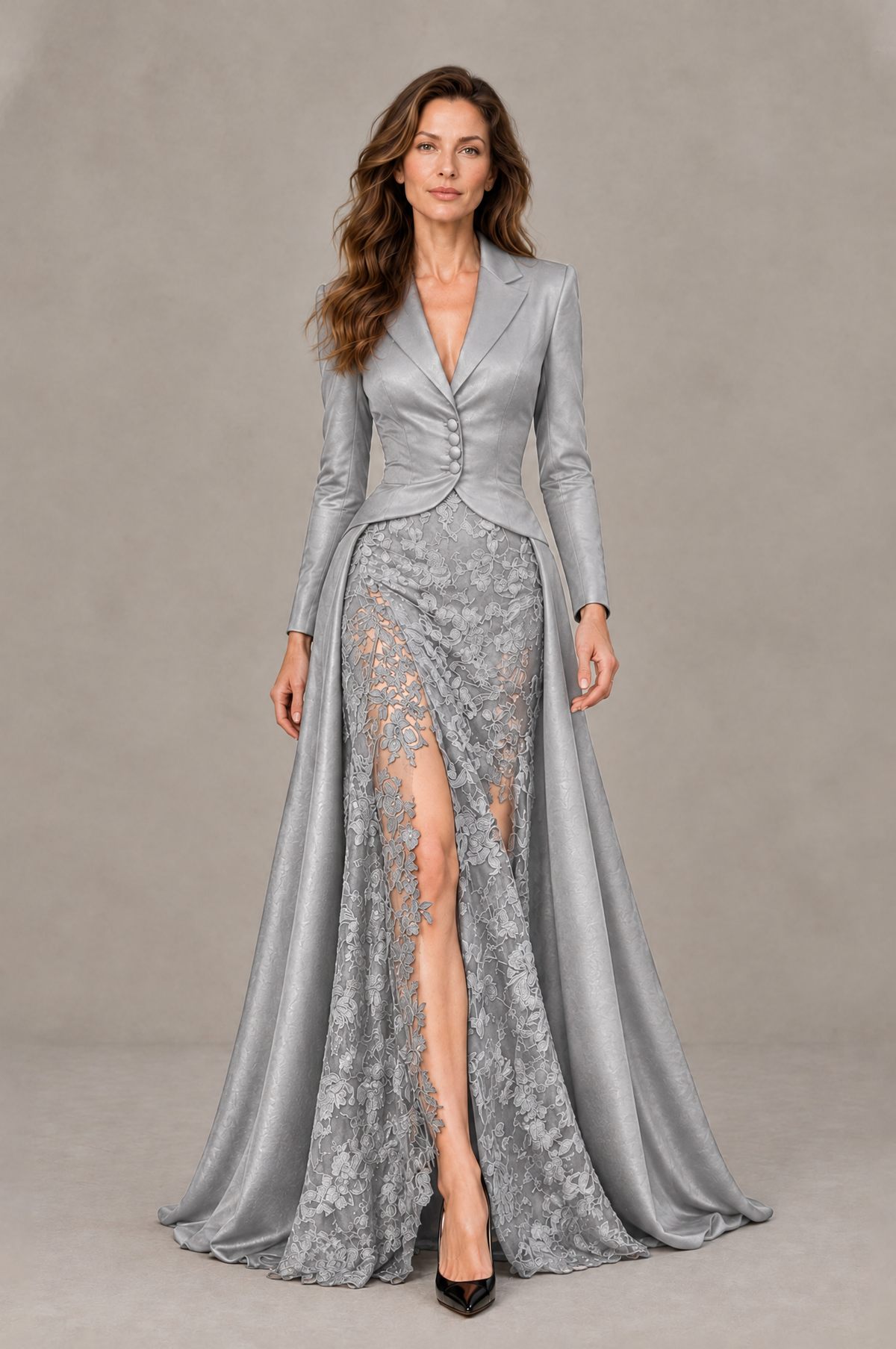 BOLODOO Silver Long Sleeve Lace Blazer Gown with High Slit - Silver - Silver (1)