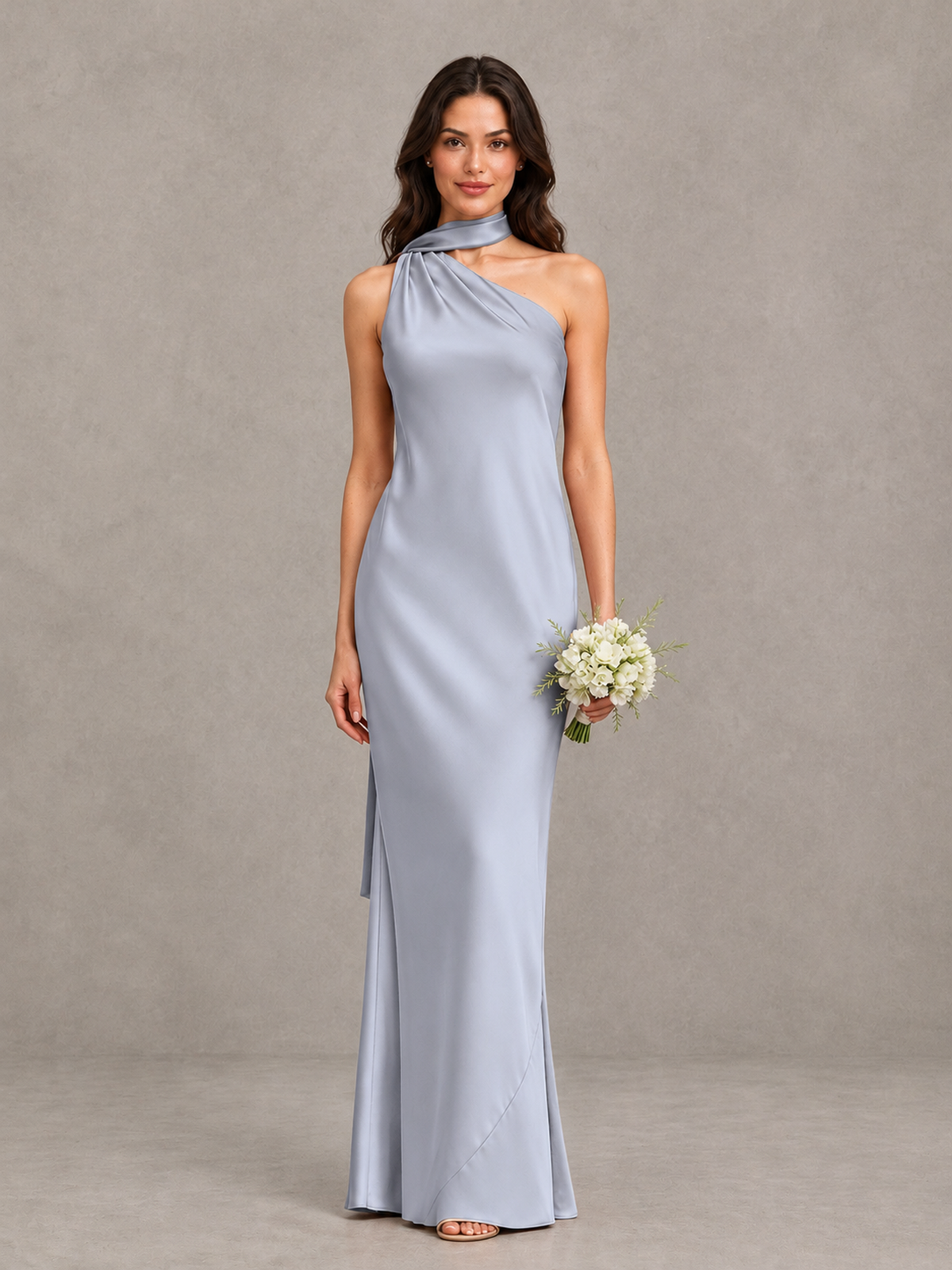 BOLODOO Silver Satin One-Shoulder Bridesmaid Dress with Open Back - Silver - Silver (1)