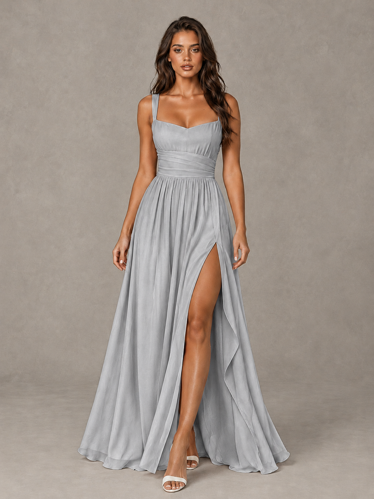 BOLODOO Silver A-Line Bridesmaid Dress with High Slit & Lace-Up Back - Silver - Silver (1)