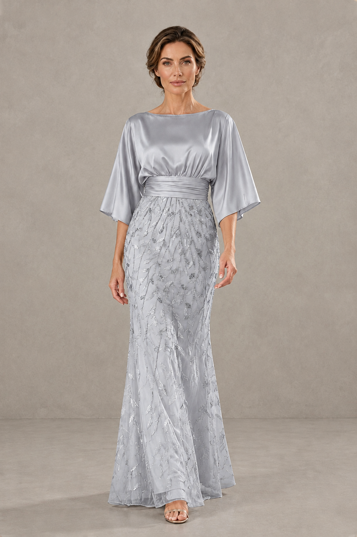 BOLODOO Silver Mother of the Bride Dress with Kimono Sleeves, Satin Bodice & Sequin Embroidered Mermaid Floor-Length Gown - Silver - Silver (1)