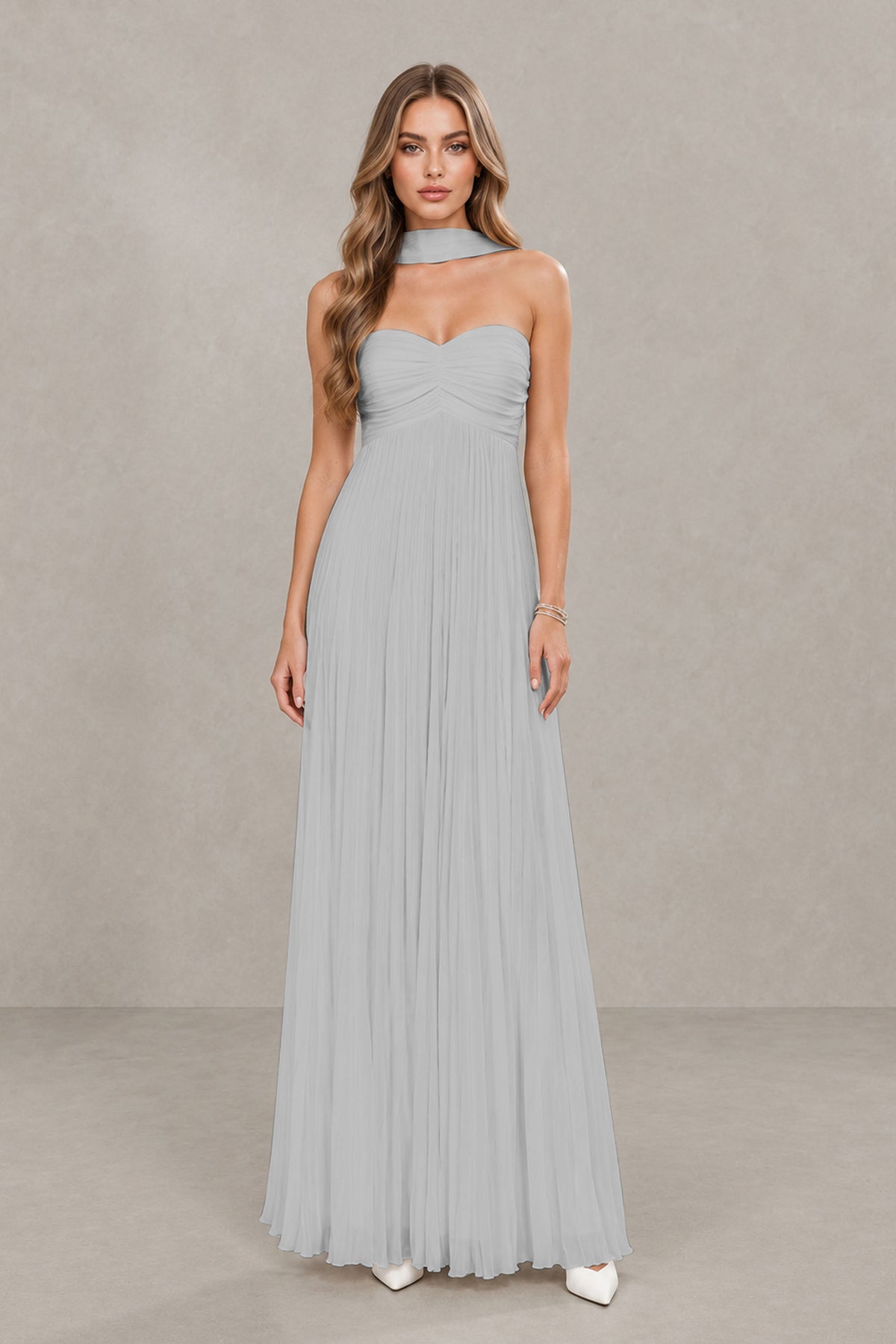 BOLODOO Silver Strapless Chiffon-Look Maxi Dress with Lace-Up Back & Cape - Silver