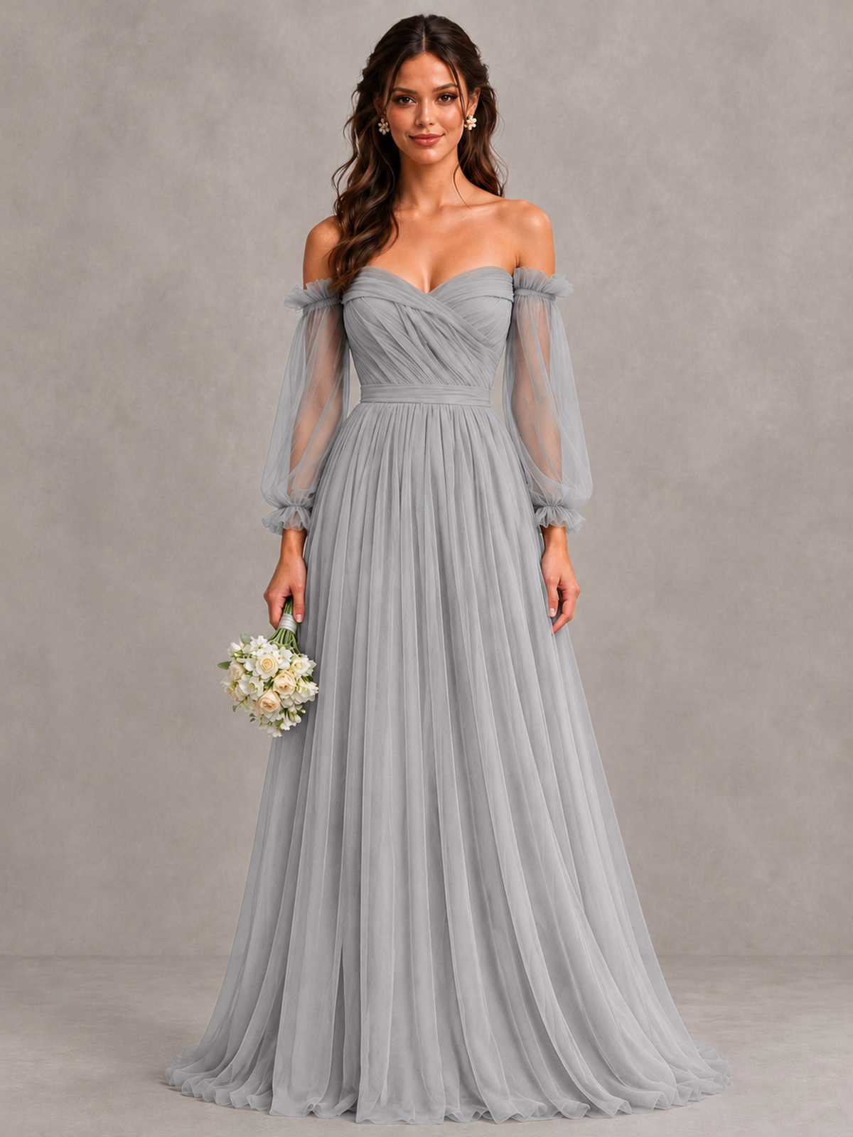 BOLODOO Silver Off-the-Shoulder Long Sleeve A-Line Bridesmaid Dress - Silver - Silver (1)