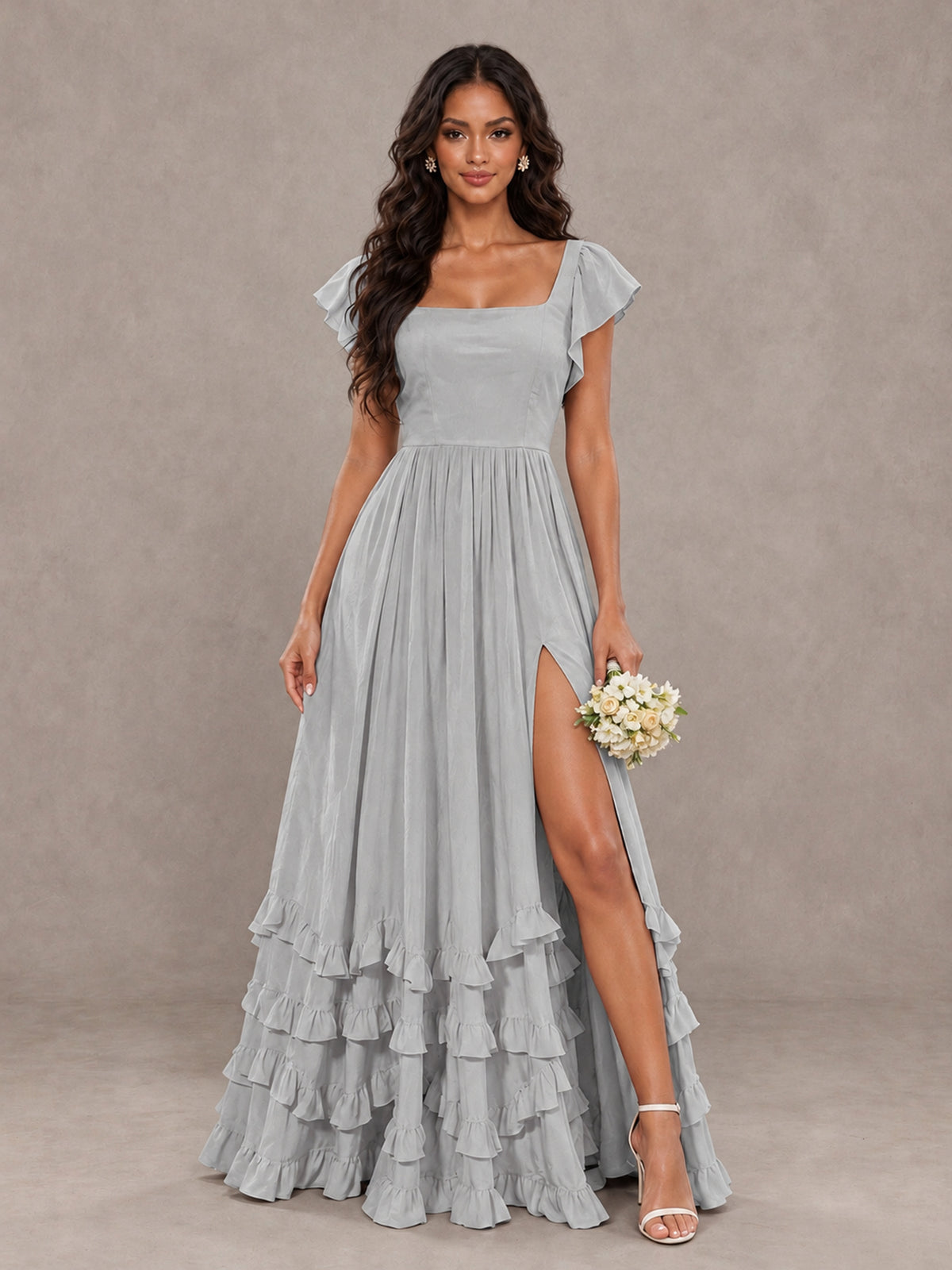 BOLODOO Silver Flutter Sleeve Ruffle Bridesmaid Dress with Slit - Silver - Silver (1)